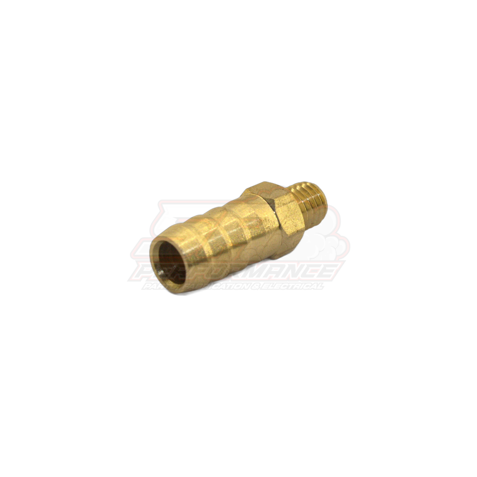 Side profile view of brass M8x1.25 male metric to 10mm 3/8" barb fitting showing threaded end and ribbed barb connection