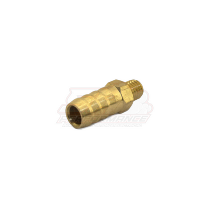 Side profile view of brass M8x1.25 male metric to 10mm 3/8" barb fitting showing threaded end and ribbed barb connection