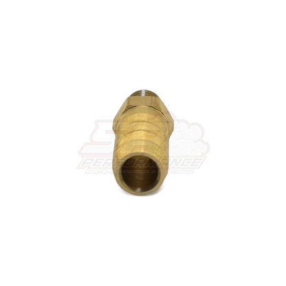M8x1.25 male metric to 10mm 3/8 inch barb brass fitting angled view showing threaded end and barbed hose connection