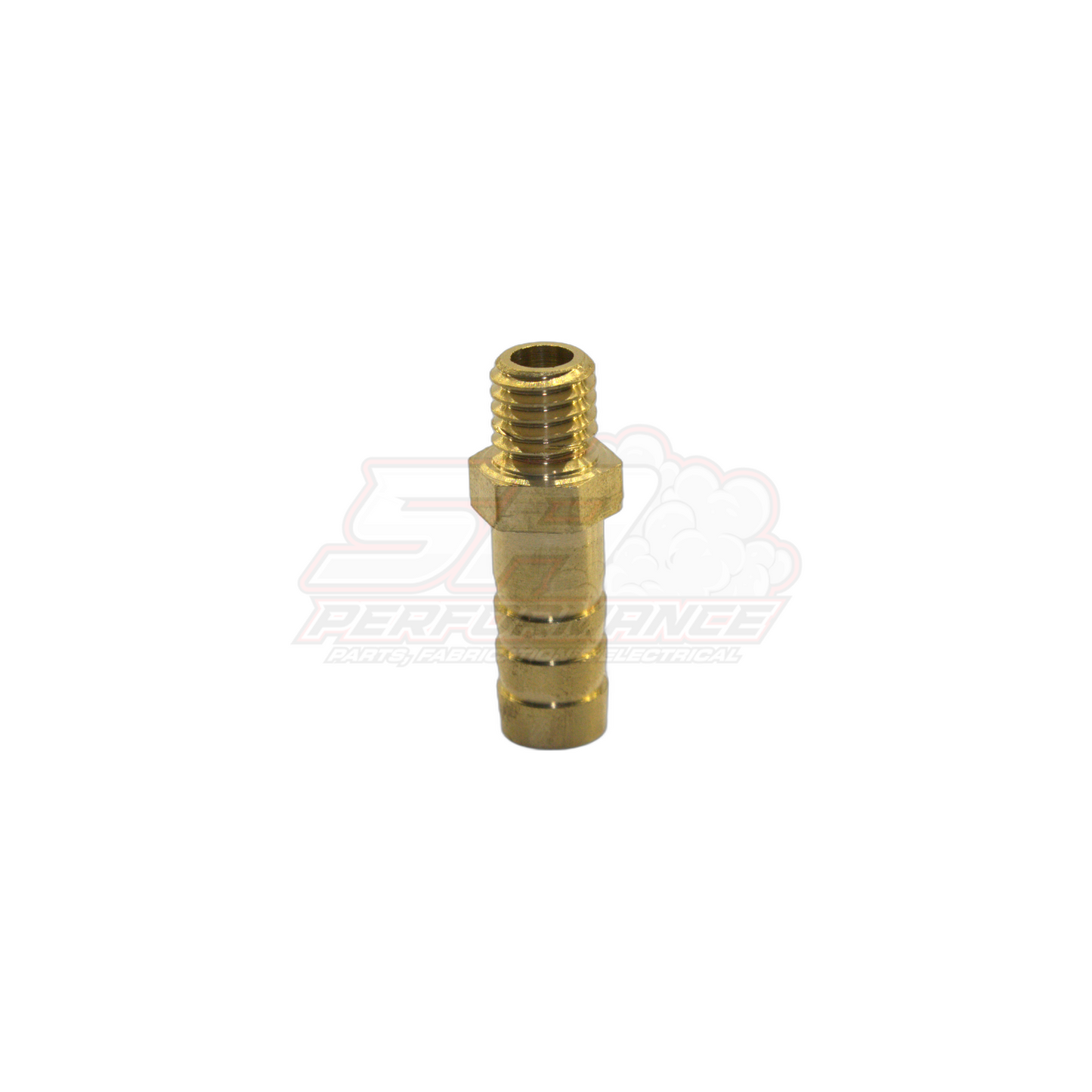M8 x 1.25 male metric thread to 8mm barb brass fitting shown at angle with barbed end and hex body visible