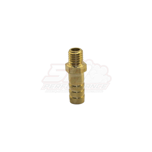 M8 x 1.25 male metric thread to 8mm barb brass fitting shown at angle with barbed end and hex body visible