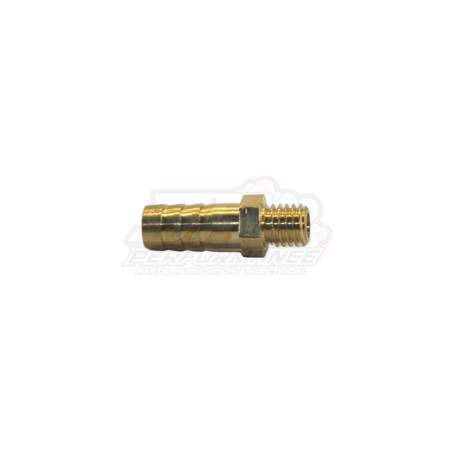 M8 x 1.25 male metric thread to 8mm barb brass fitting side view showing hex body and ridged barb end
