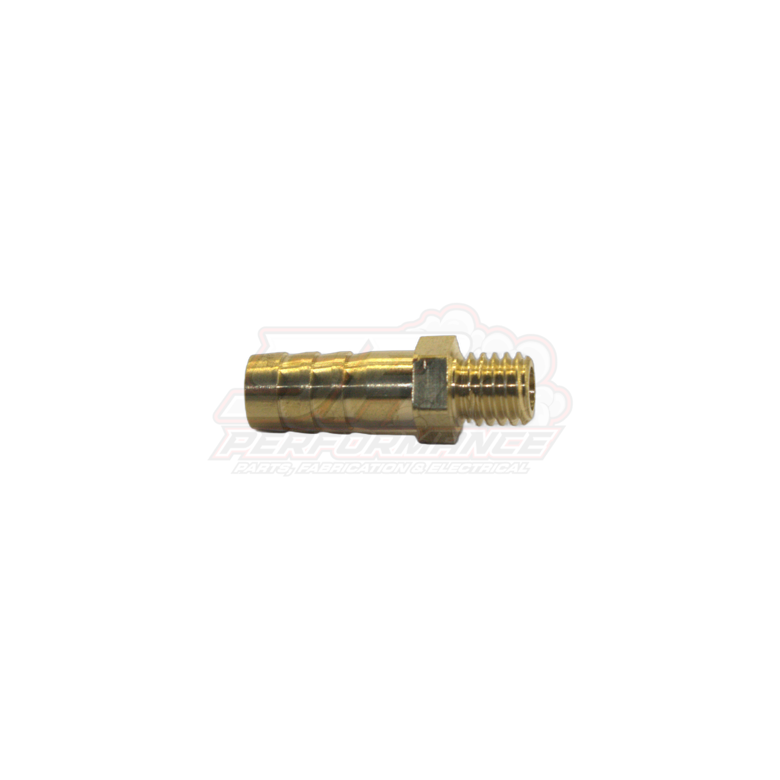 M8 x 1.25 male metric thread to 8mm barb brass fitting side view showing hex body and ridged barb end