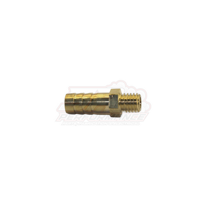 M8 x 1.25 male metric thread to 8mm barb brass fitting side view showing hex body and ridged barb end