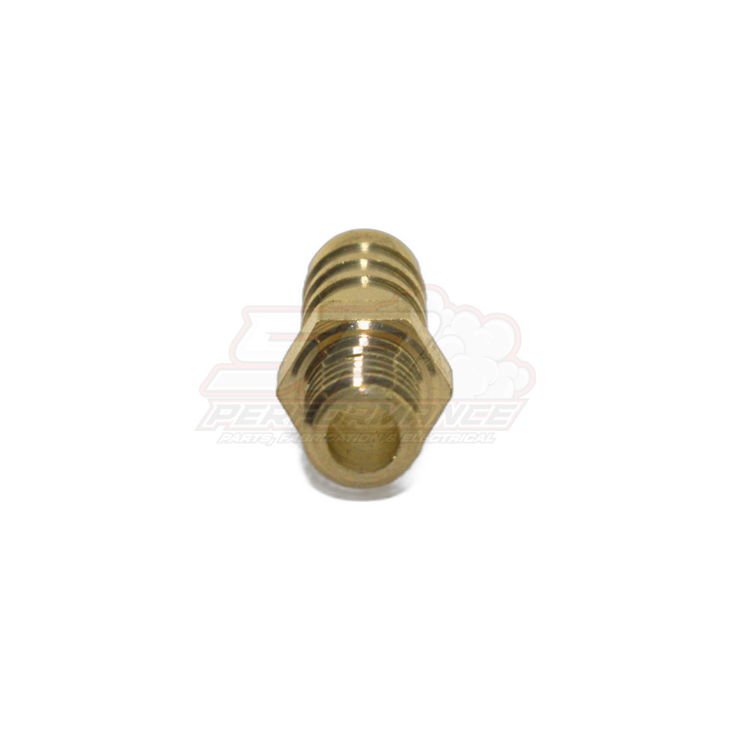 Brass M8 x 1.25 male metric to 8mm barb fitting angled view showing internal female thread bore and external barbed hose tail