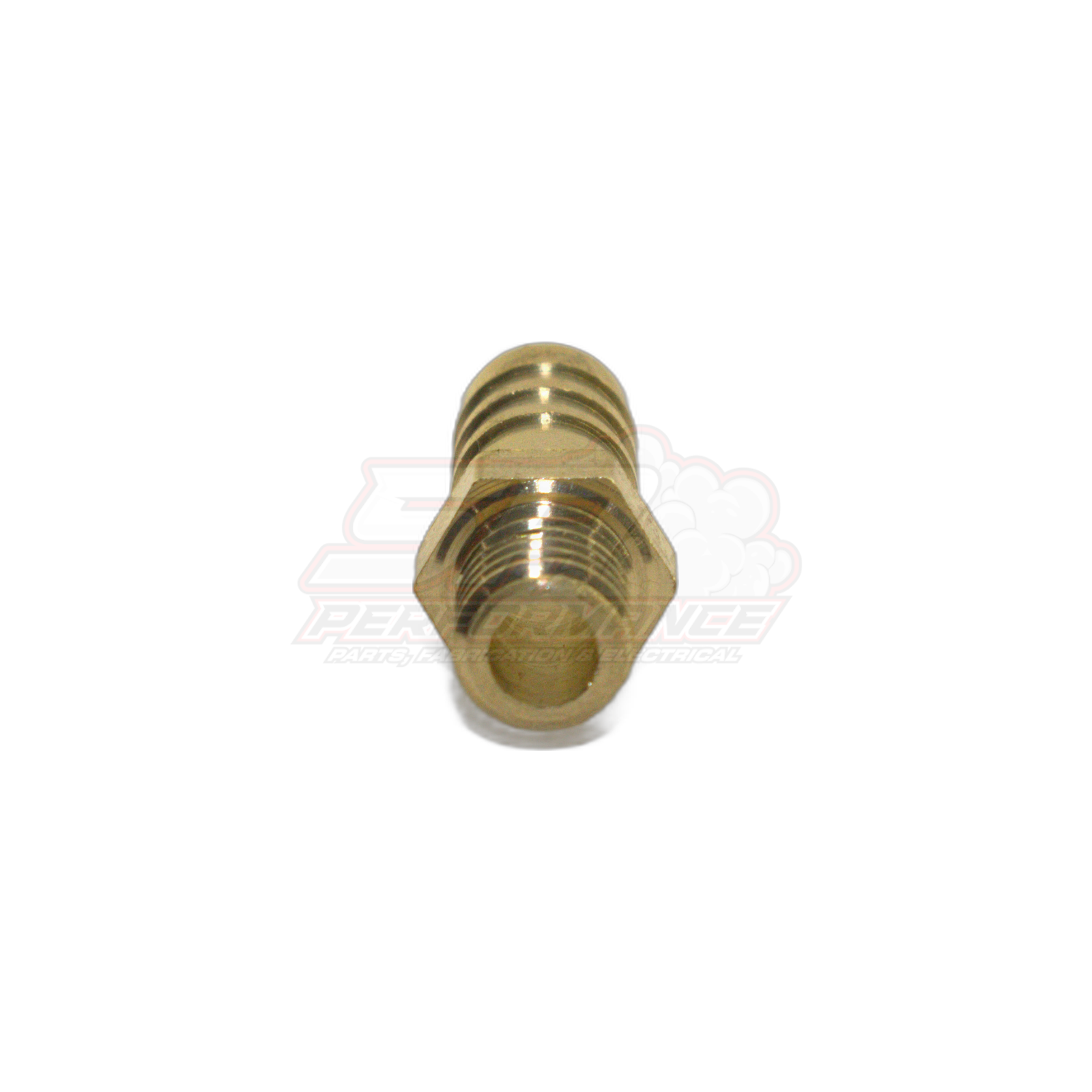 Brass M8 x 1.25 male metric to 8mm barb fitting angled view showing internal female thread bore and external barbed hose tail