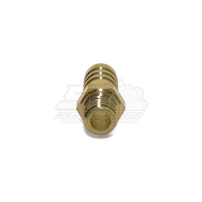Brass M8 x 1.25 male metric to 8mm barb fitting angled view showing internal female thread bore and external barbed hose tail