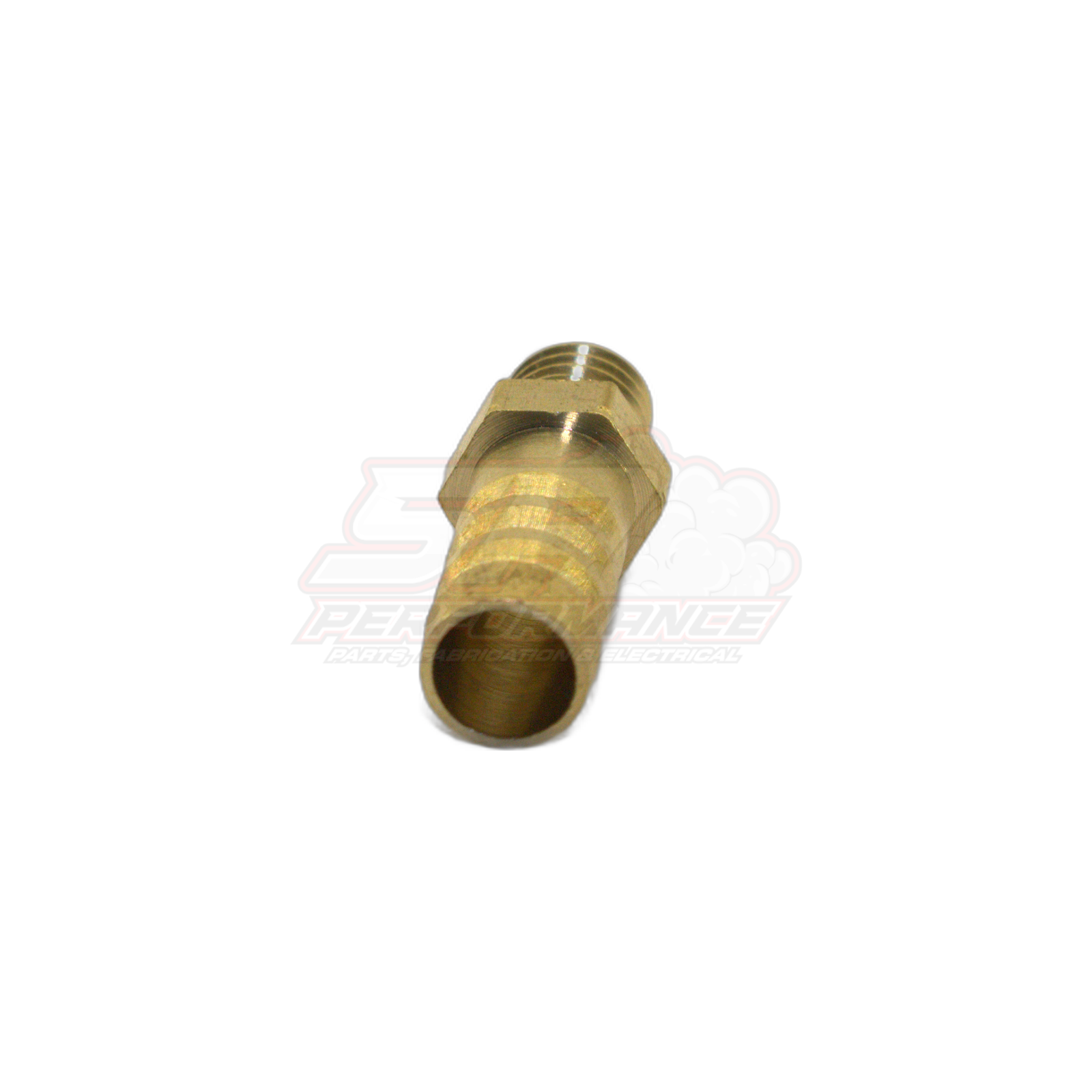 Brass M8x1.25 male metric to 8mm barb fitting angled view showing threaded end and ribbed hose barb