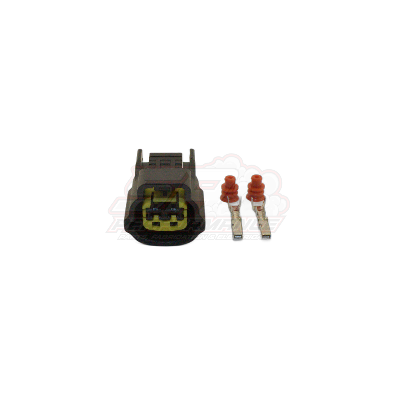 2-pin grey Nissan connector kit showing black housing with yellow locking tab and two red-sealed female terminals