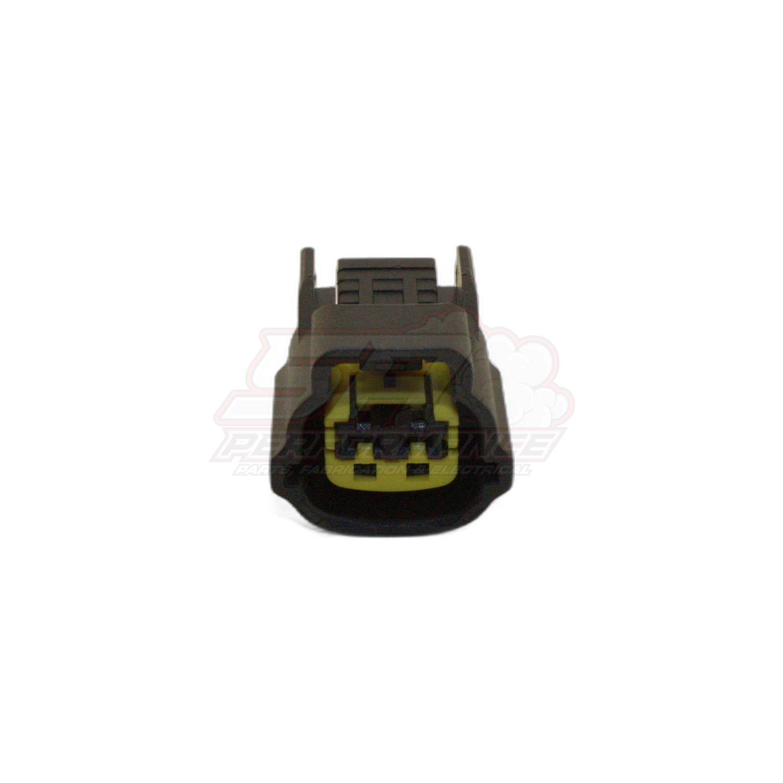 Front view of 2 pin grey Nissan connector showing yellow terminal inserts and retention slots in housing for coolant temp sensor and fuel pump module applications