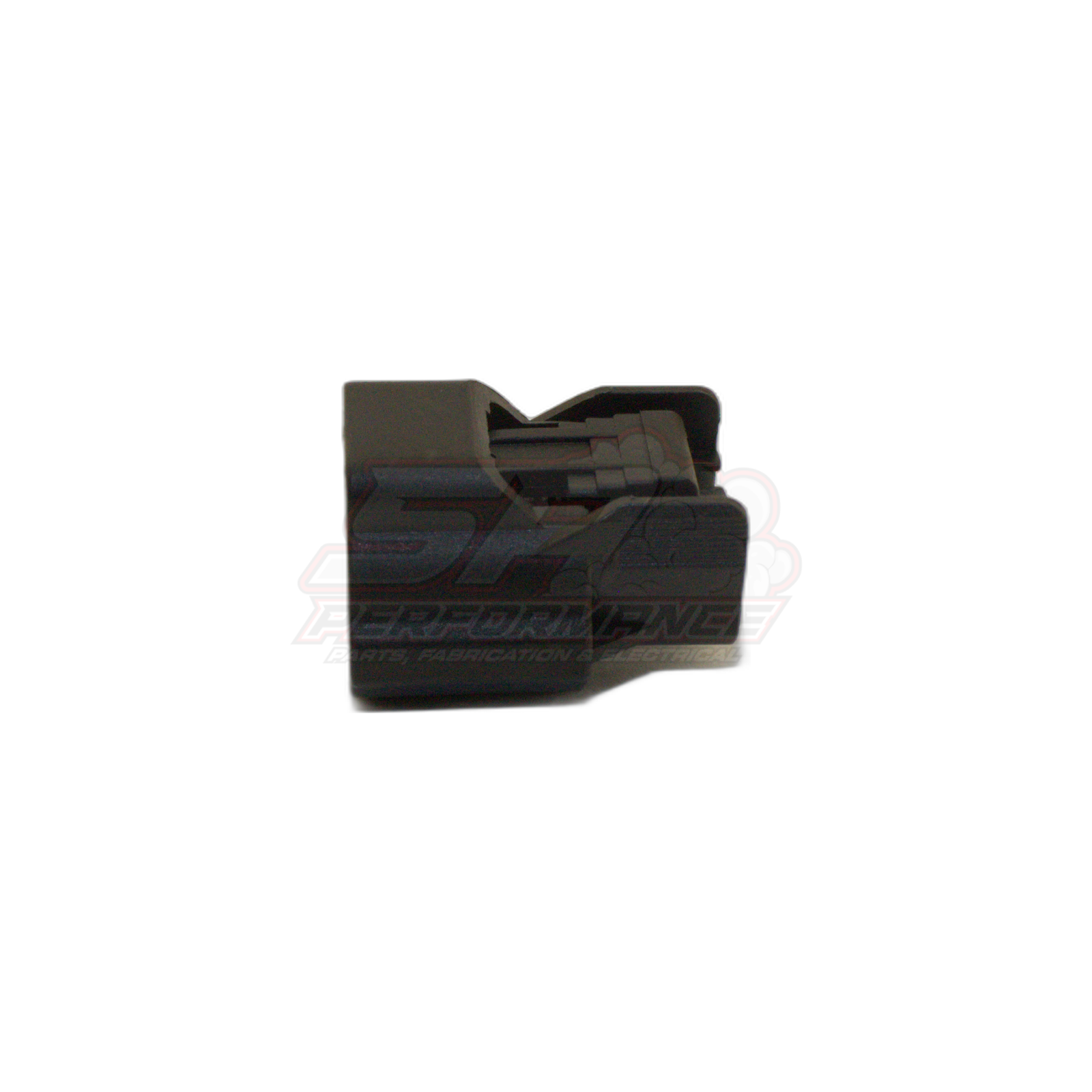 Grey 2-pin Nissan connector housing shown from side angle with internal terminal locks visible for coolant temperature sensor and fuel pump module applications