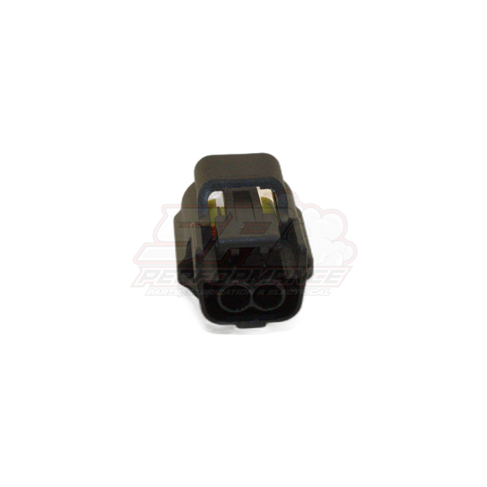 2 Pin Grey Nissan Connector front view showing black housing with two rectangular terminal cavities and locking tab
