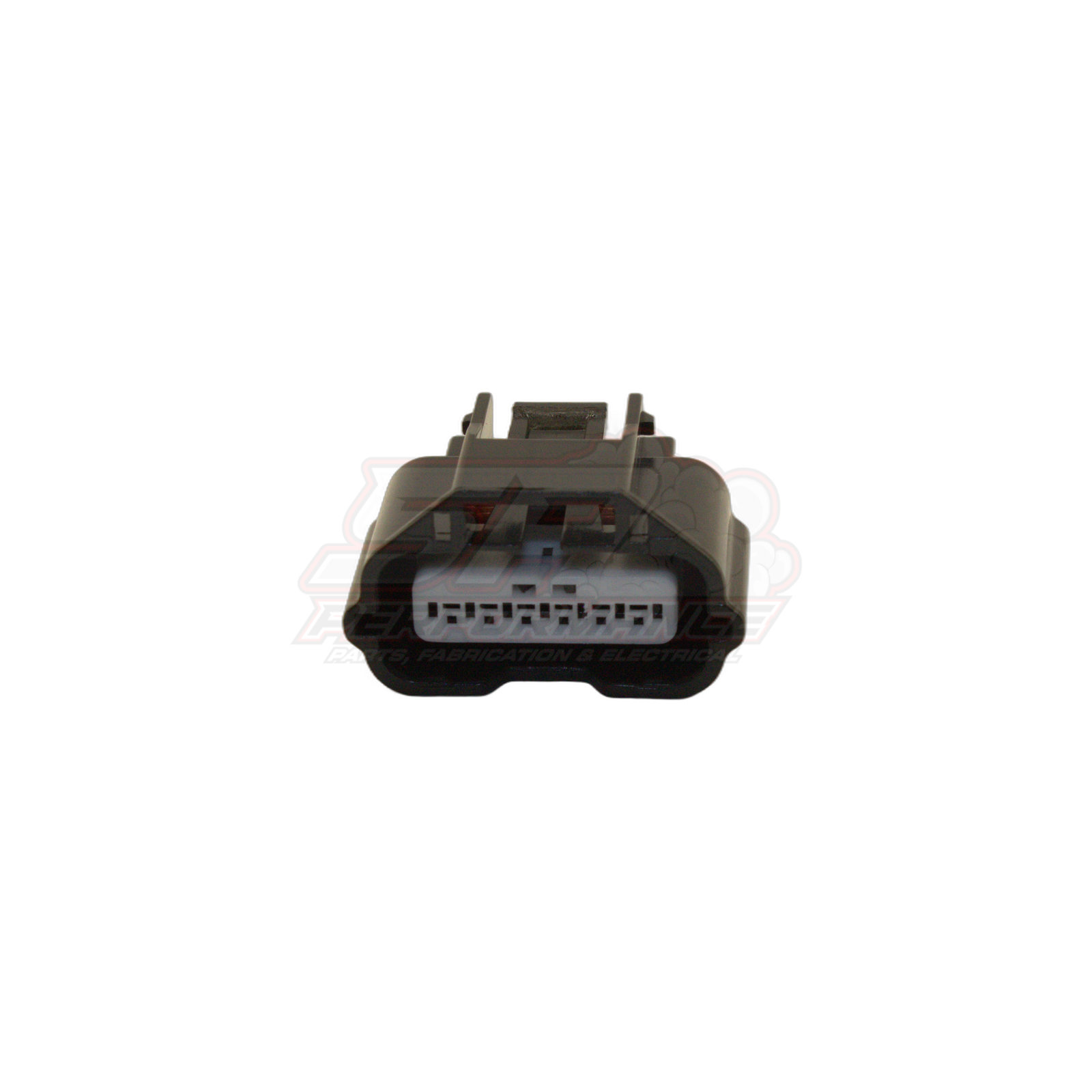 Front view of 6-pin Nissan Hitachi AFM sensor connector housing showing grey insert with terminal slots and locking clip