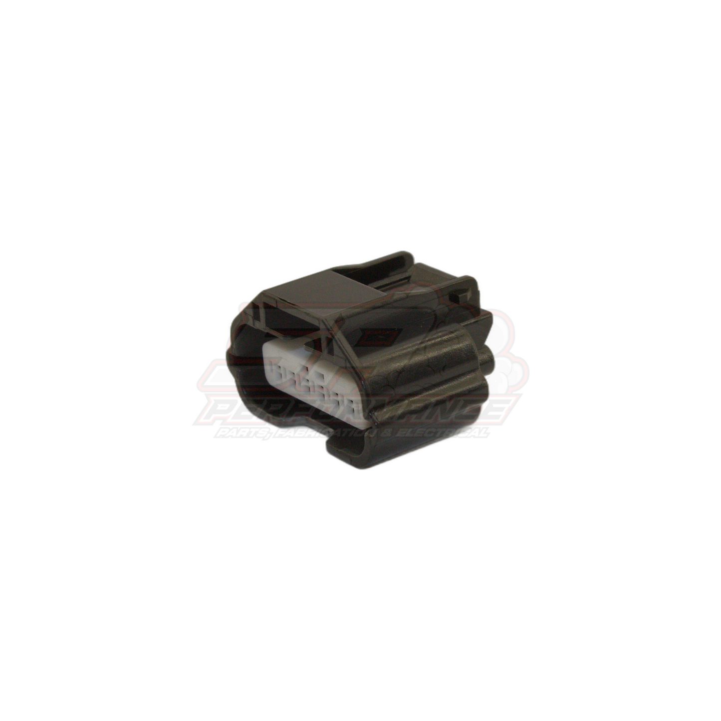 Angled view of black 6 pin Nissan Hitachi AFM connector housing with white terminal insert visible and ribbed body