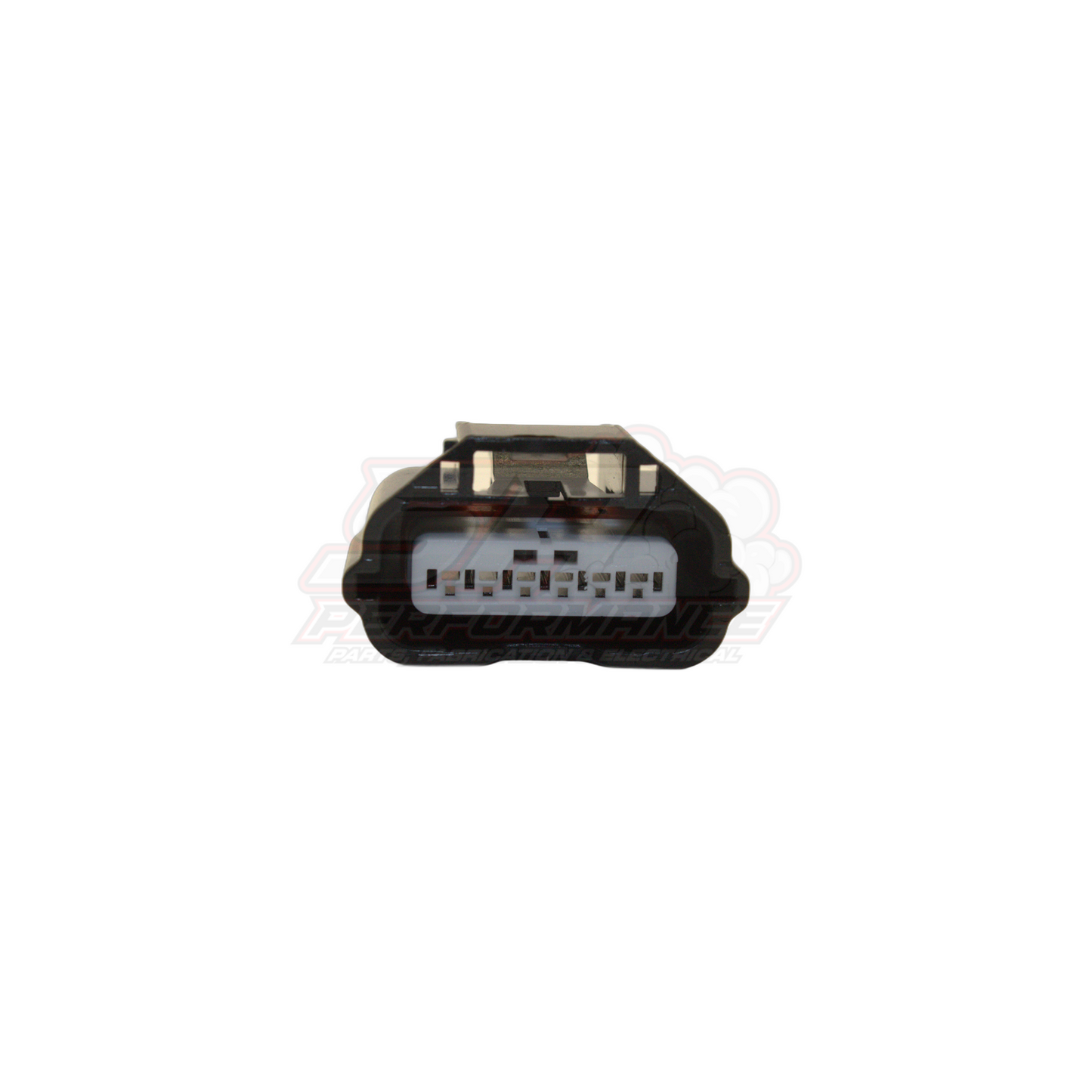 Front view of 6-pin Nissan airflow meter connector showing black housing with white plug insert and visible terminal slots