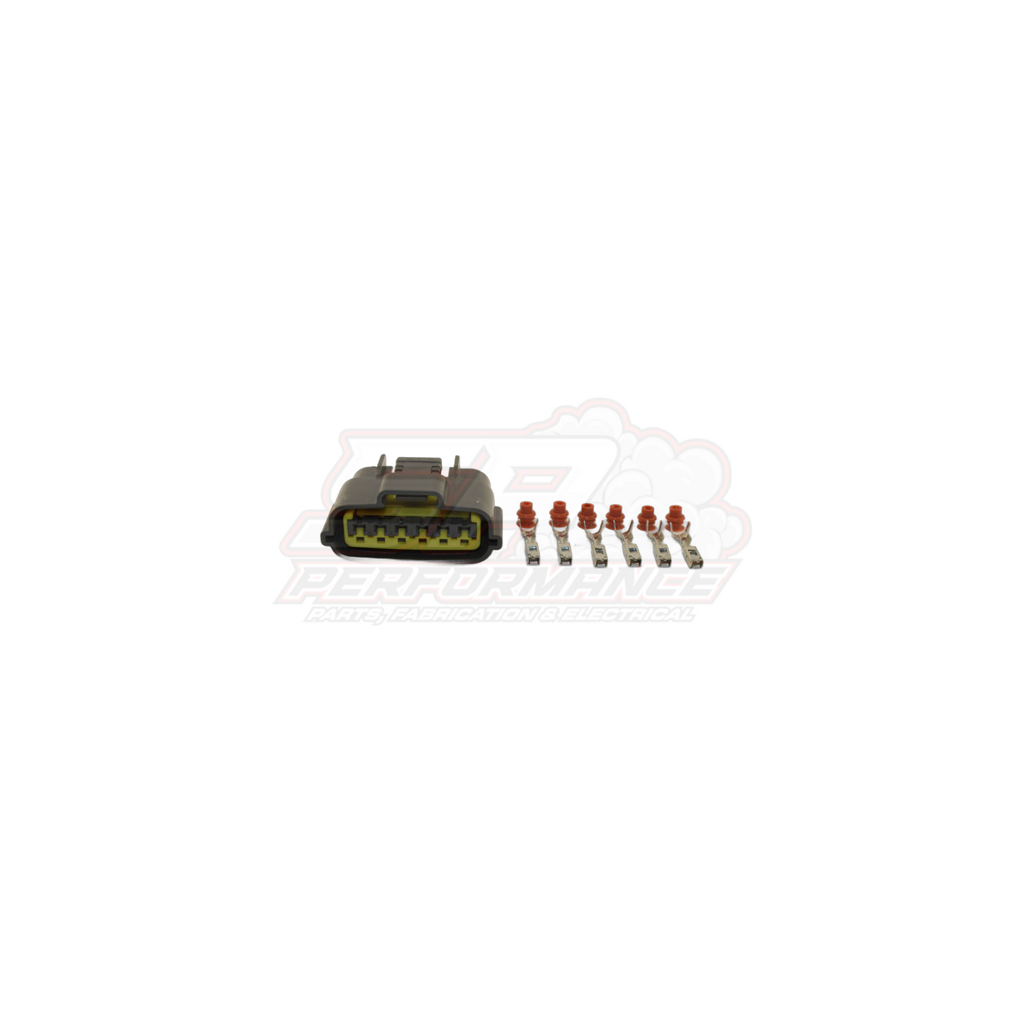 Nissan 6 pin grey igniter connector housing with yellow insulator and six metal terminals with red seals displayed separately