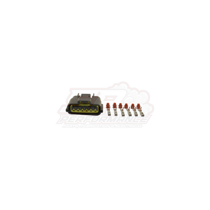 Nissan 6 pin grey igniter connector housing with yellow insulator and six metal terminals with red seals displayed separately