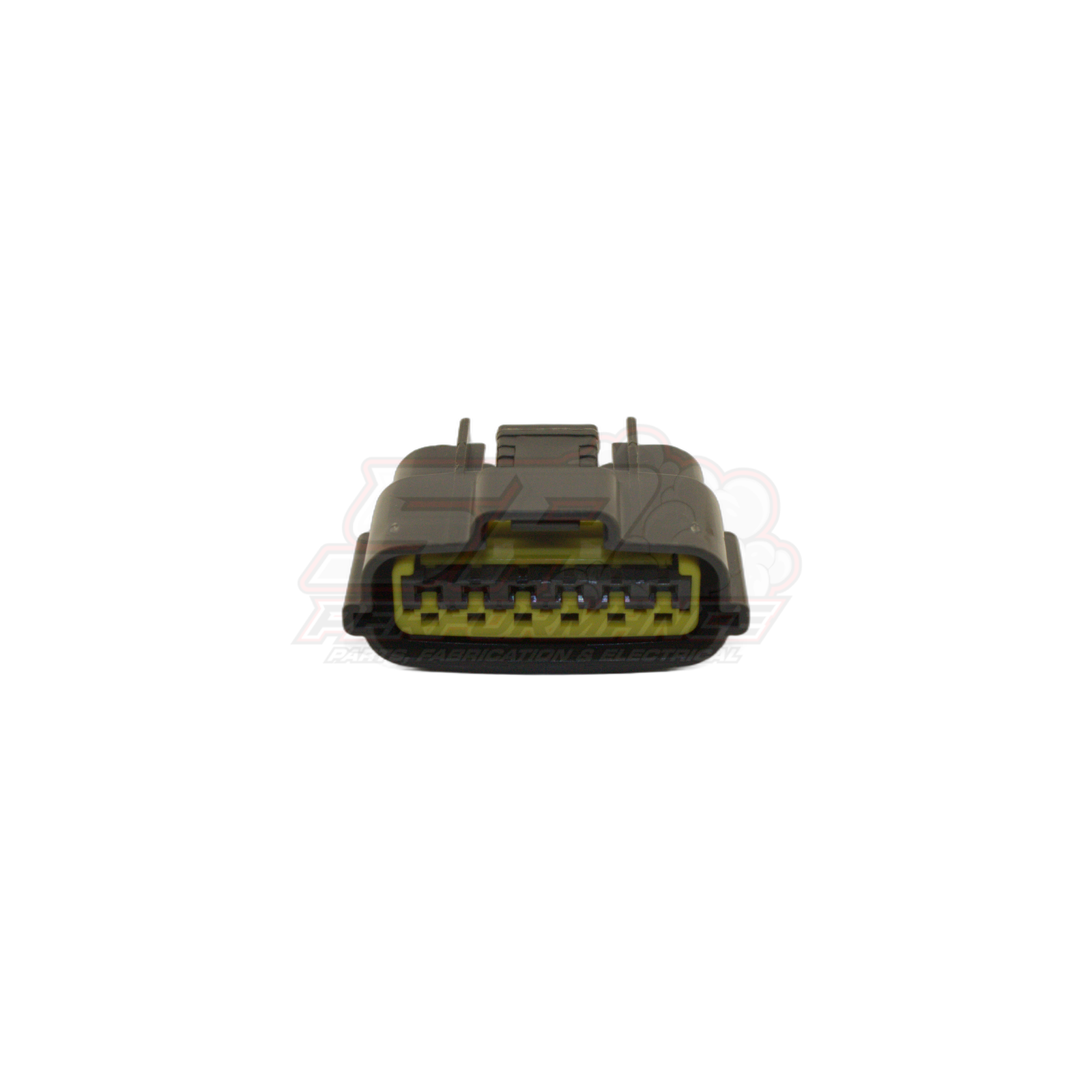 Front angled view of grey Nissan 6-pin igniter connector showing yellow terminal inserts and locking tabs on housing