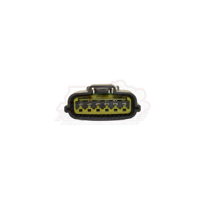 Front view of Nissan 6 pin grey igniter connector showing yellow housing with metal terminals and black locking tab