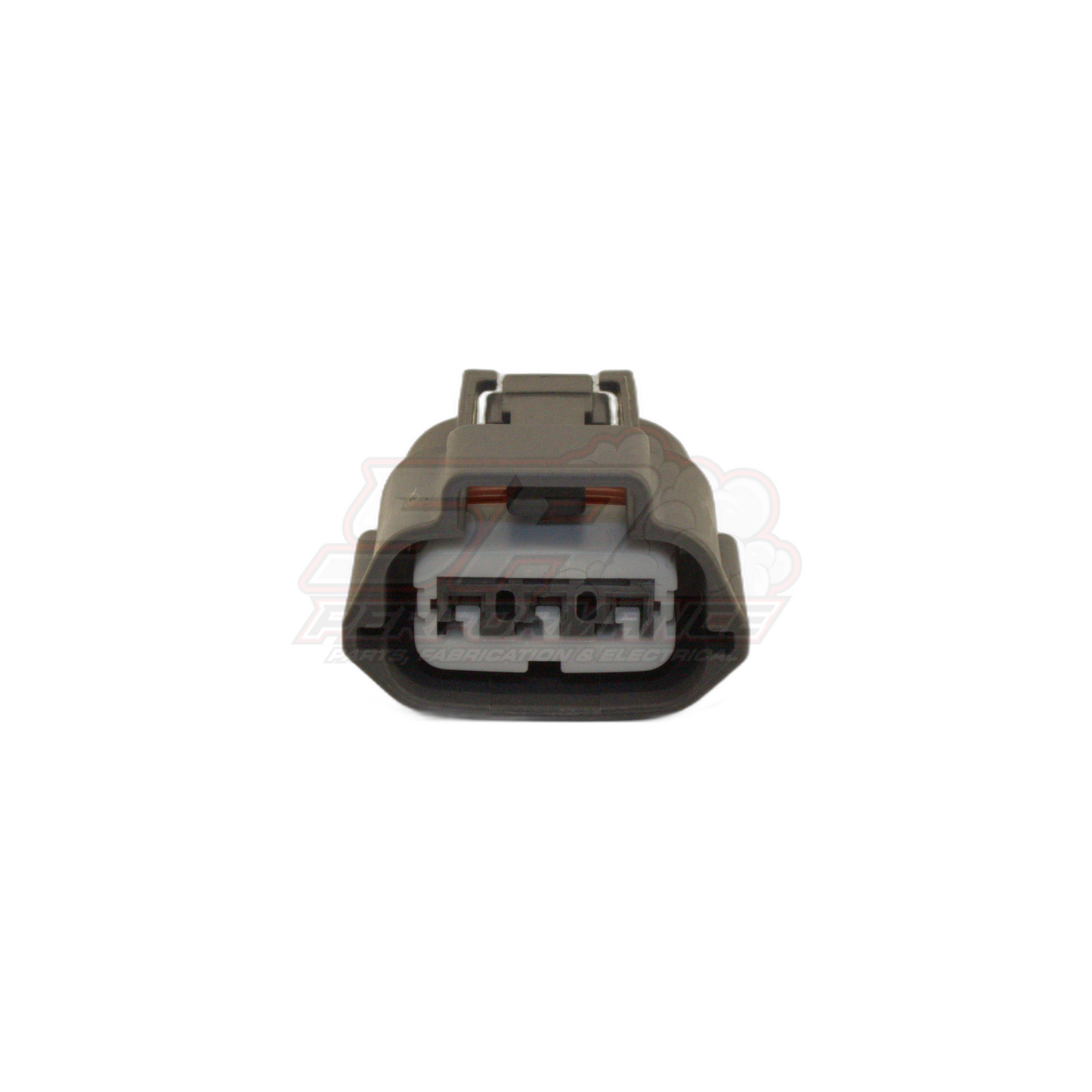 Front view of grey 3 pin Nissan ignition coil pack and TPS connector showing housing with locking tab and terminal cavities