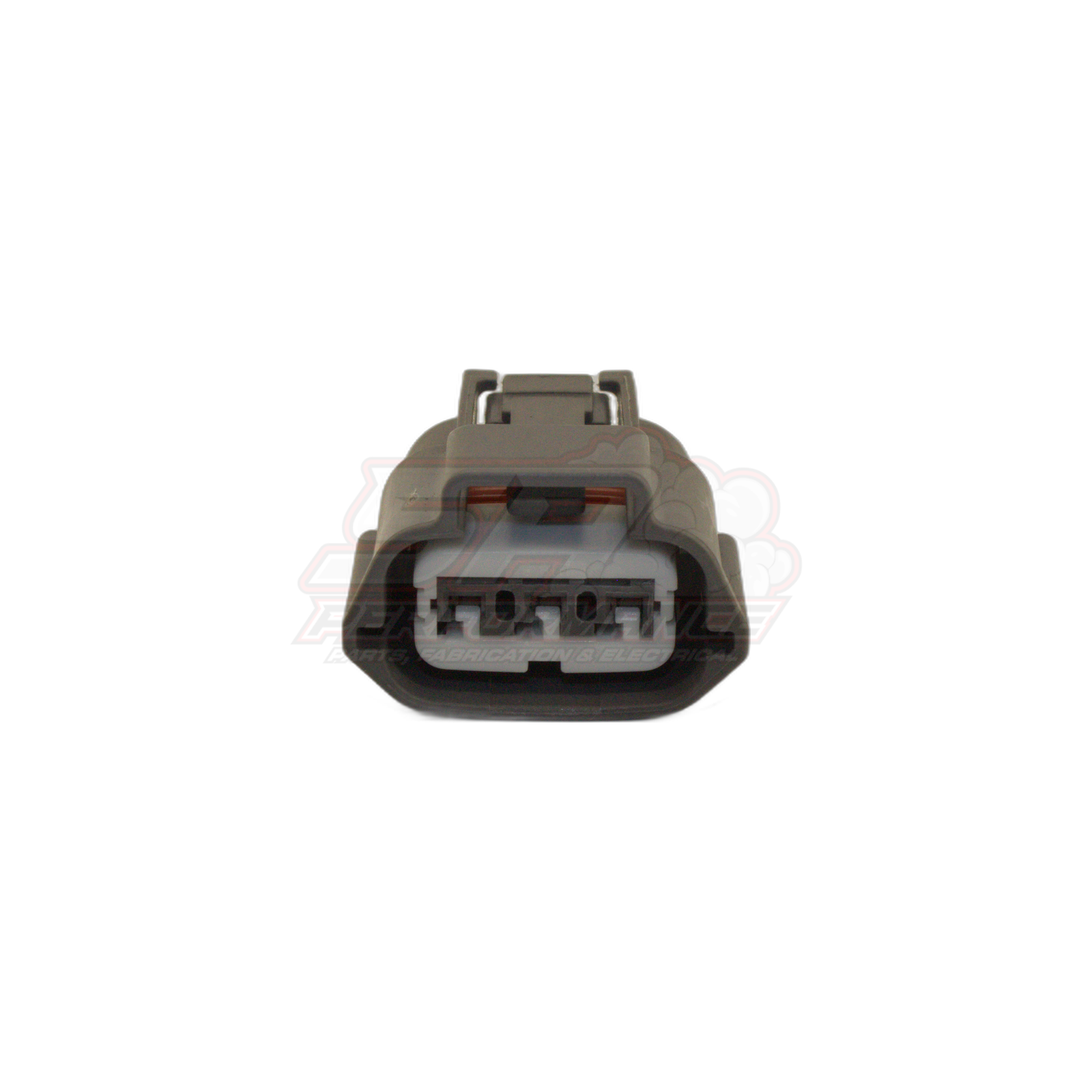 Front view of grey 3 pin Nissan ignition coil pack and TPS connector showing housing with locking tab and terminal cavities