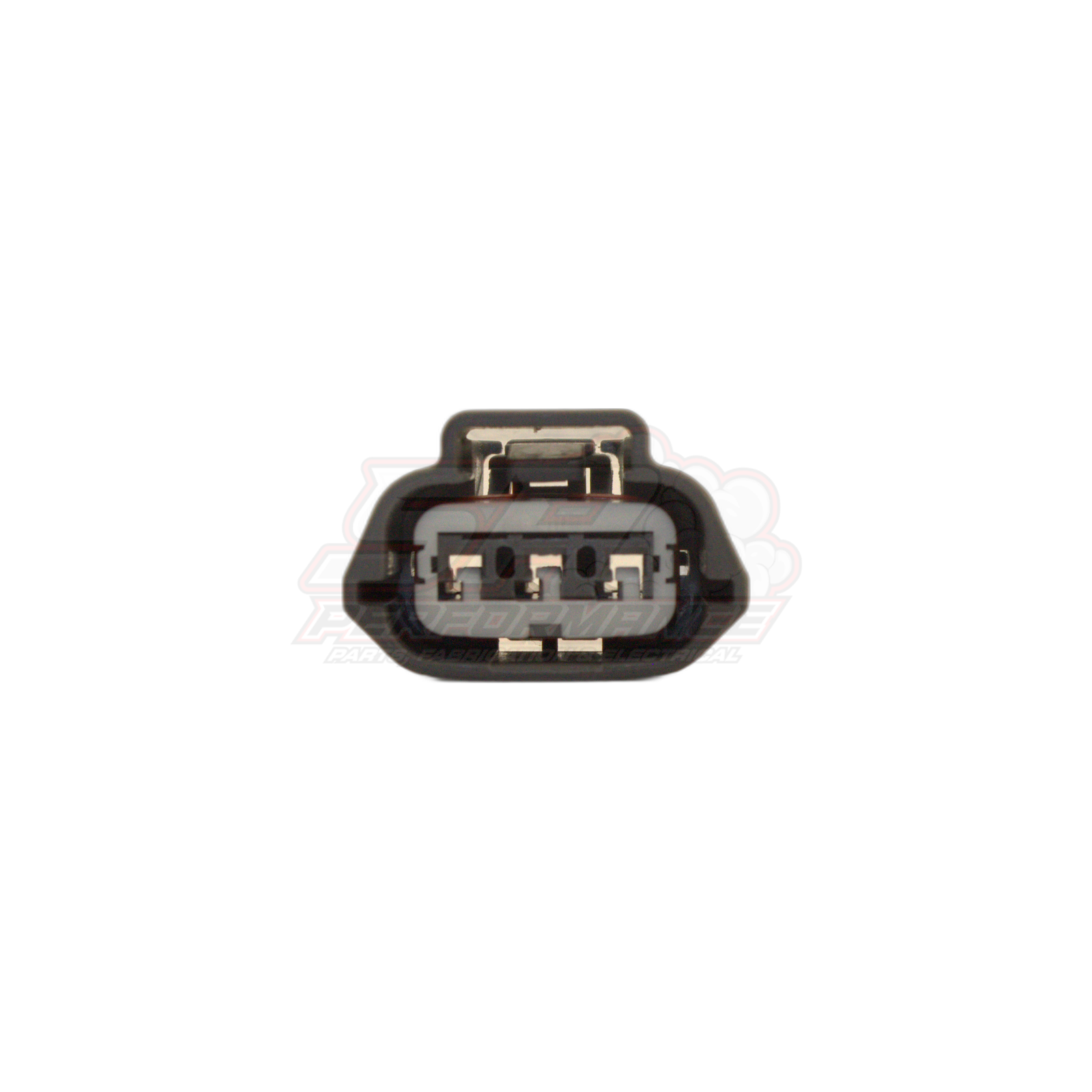 Front end view of black 3-pin Nissan ignition coil and TPS connector showing grey insert with three gold metal terminals and locking tab