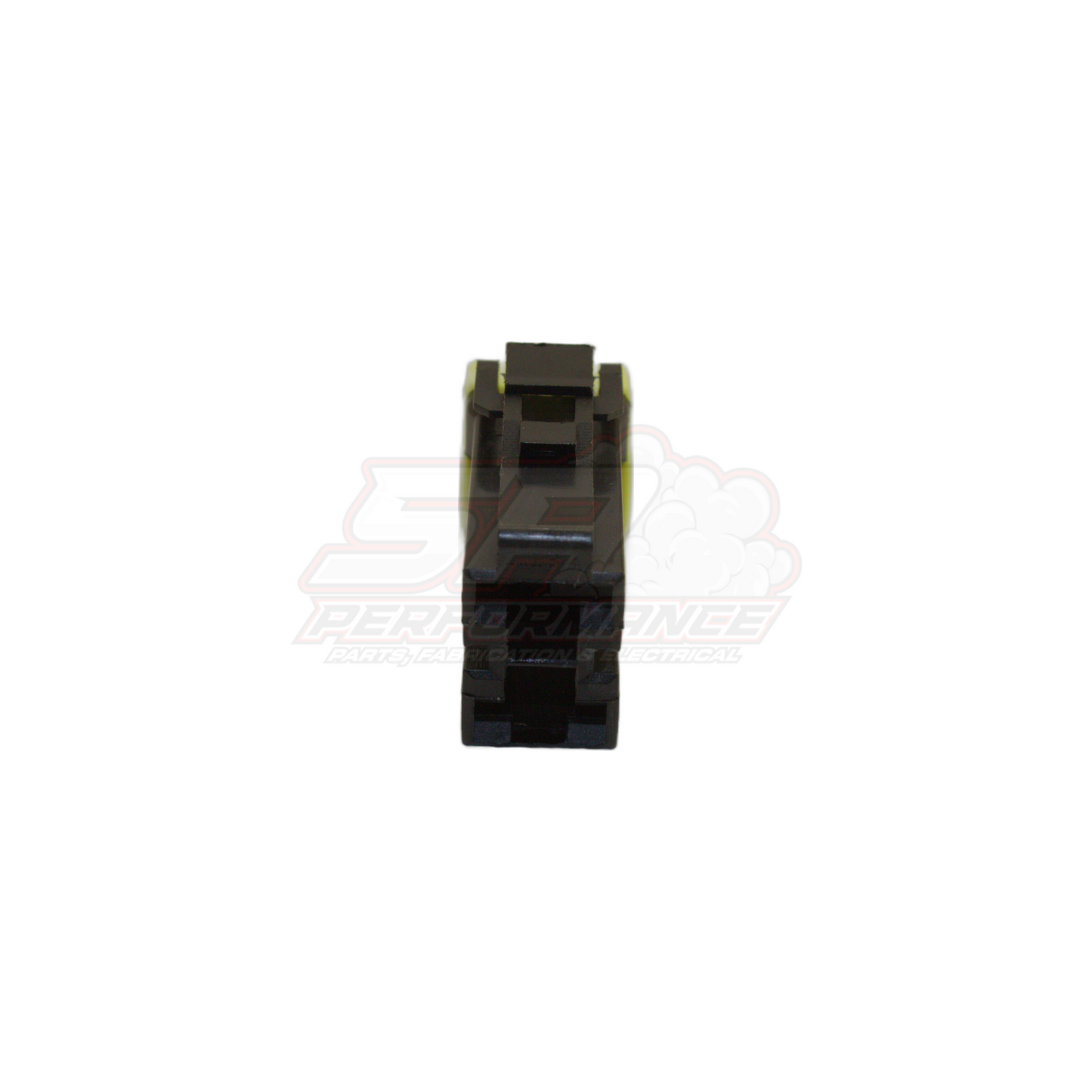 Front view of black 2-pin connector housing with yellow seals and hollow rectangular terminals for early Nissan Toyota Honda Mazda sensors