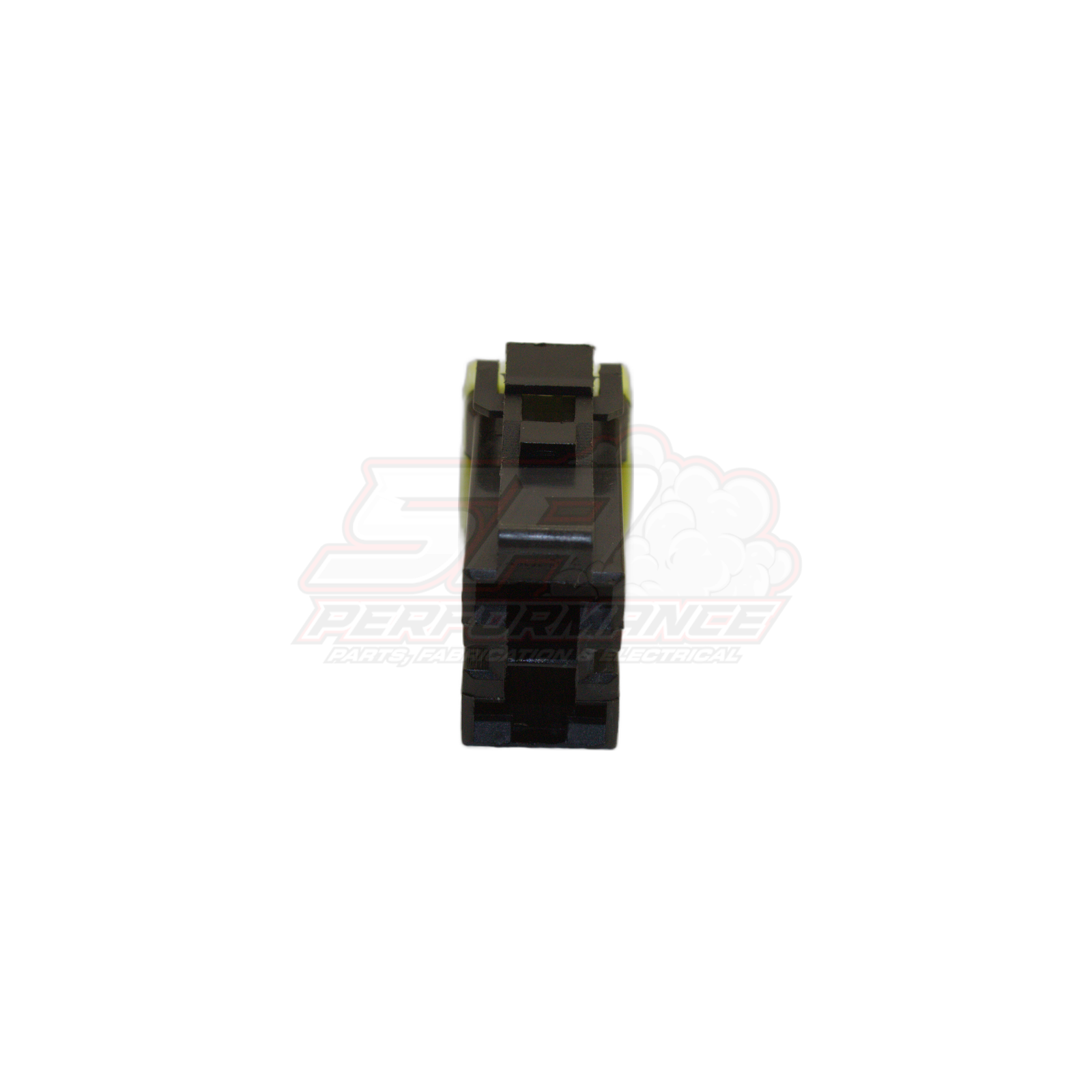 Front view of black 2-pin connector housing with yellow seals and hollow rectangular terminals for early Nissan Toyota Honda Mazda sensors