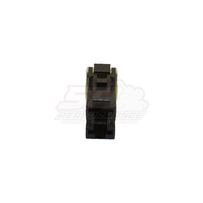 Front view of black 2-pin connector housing with yellow seals and hollow rectangular terminals for early Nissan Toyota Honda Mazda sensors