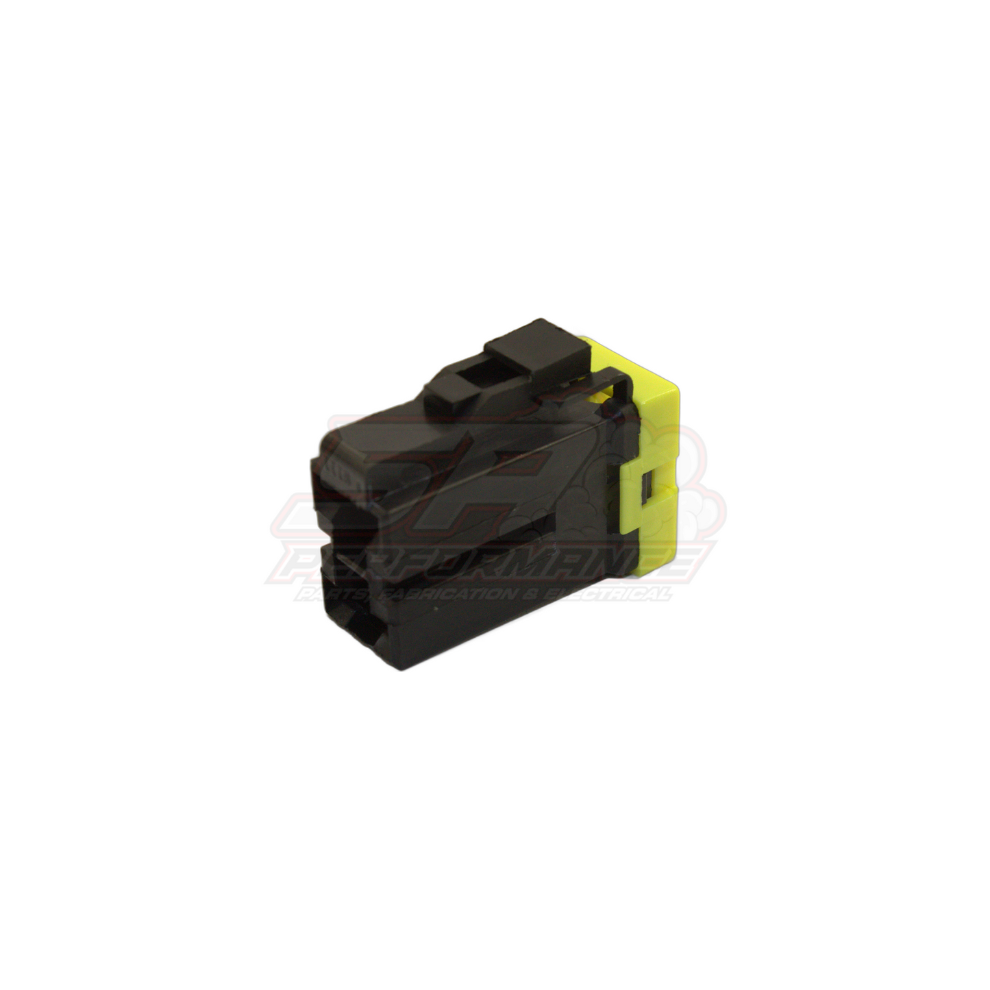 Angled rear view of 2-pin Japanese automotive connector housing in black with yellow locking tab for early Nissan Toyota Honda Mazda sensors