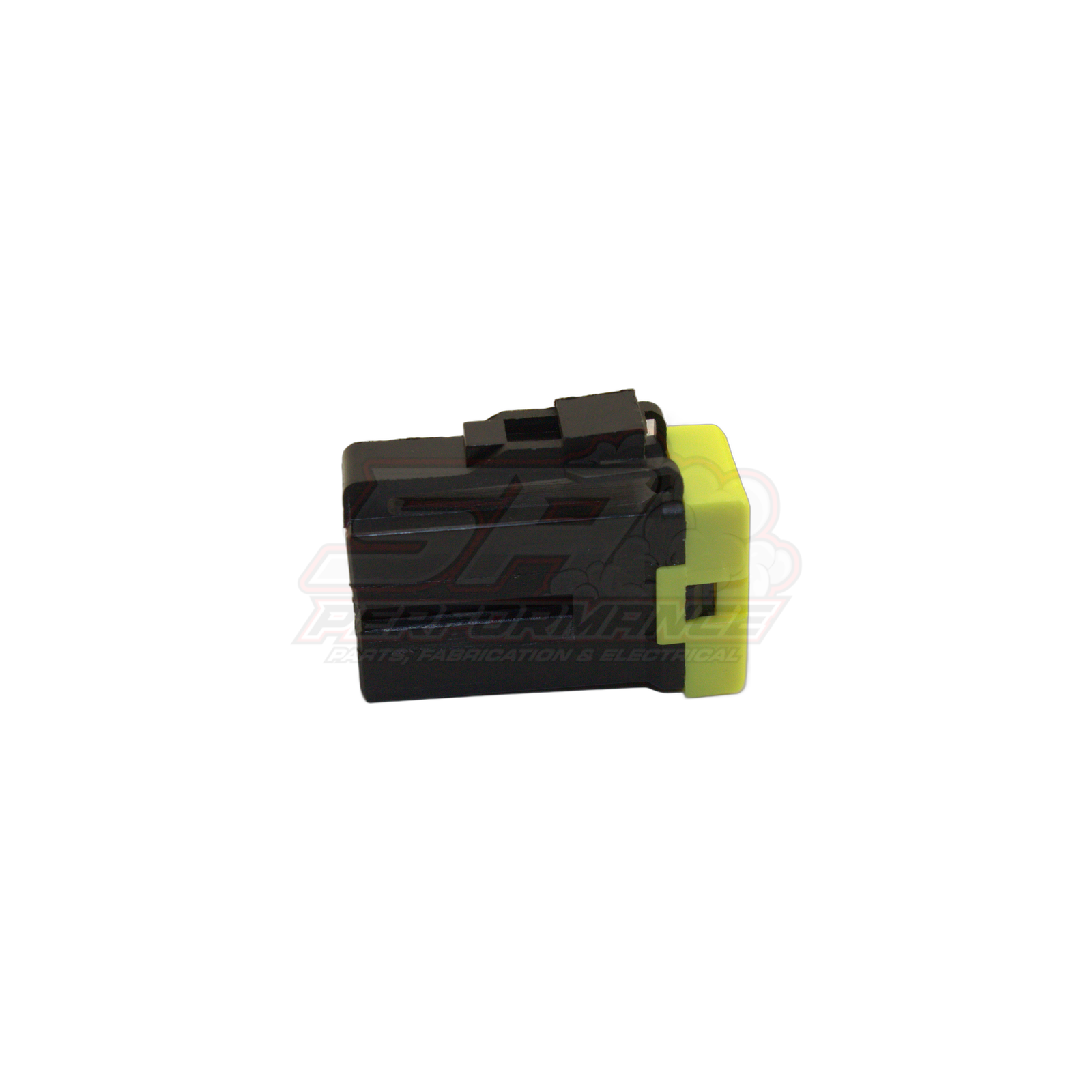 Angled side view of 2 pin Japanese connector housing in black with yellow locking clip and terminals visible, fits early Nissan Toyota Honda Mazda sensors