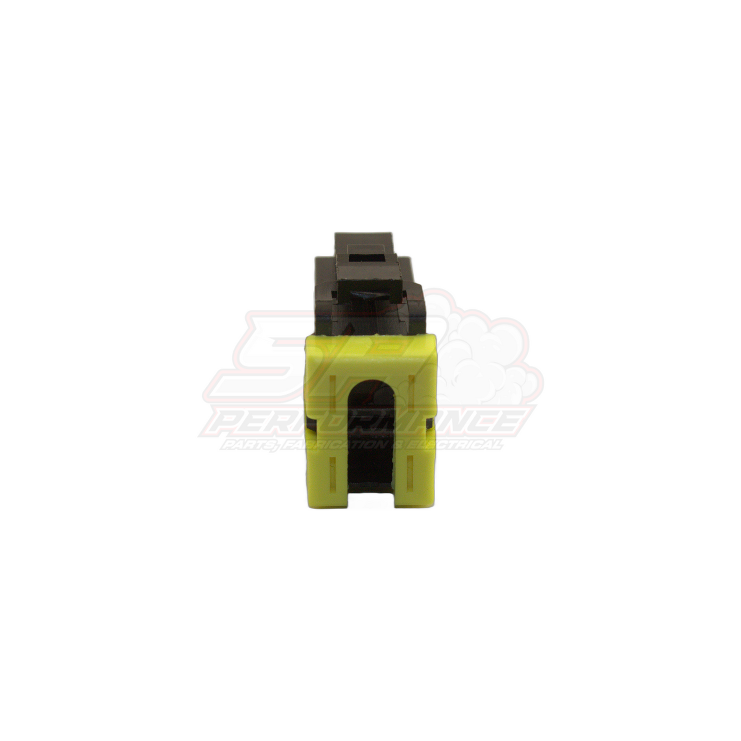 Side profile view of 2-pin connector housing in yellow with black locking tab for early Nissan Toyota Honda Mazda sensors