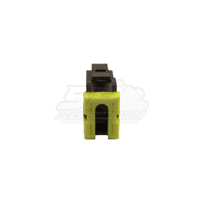 Side profile view of 2-pin connector housing in yellow with black locking tab for early Nissan Toyota Honda Mazda sensors