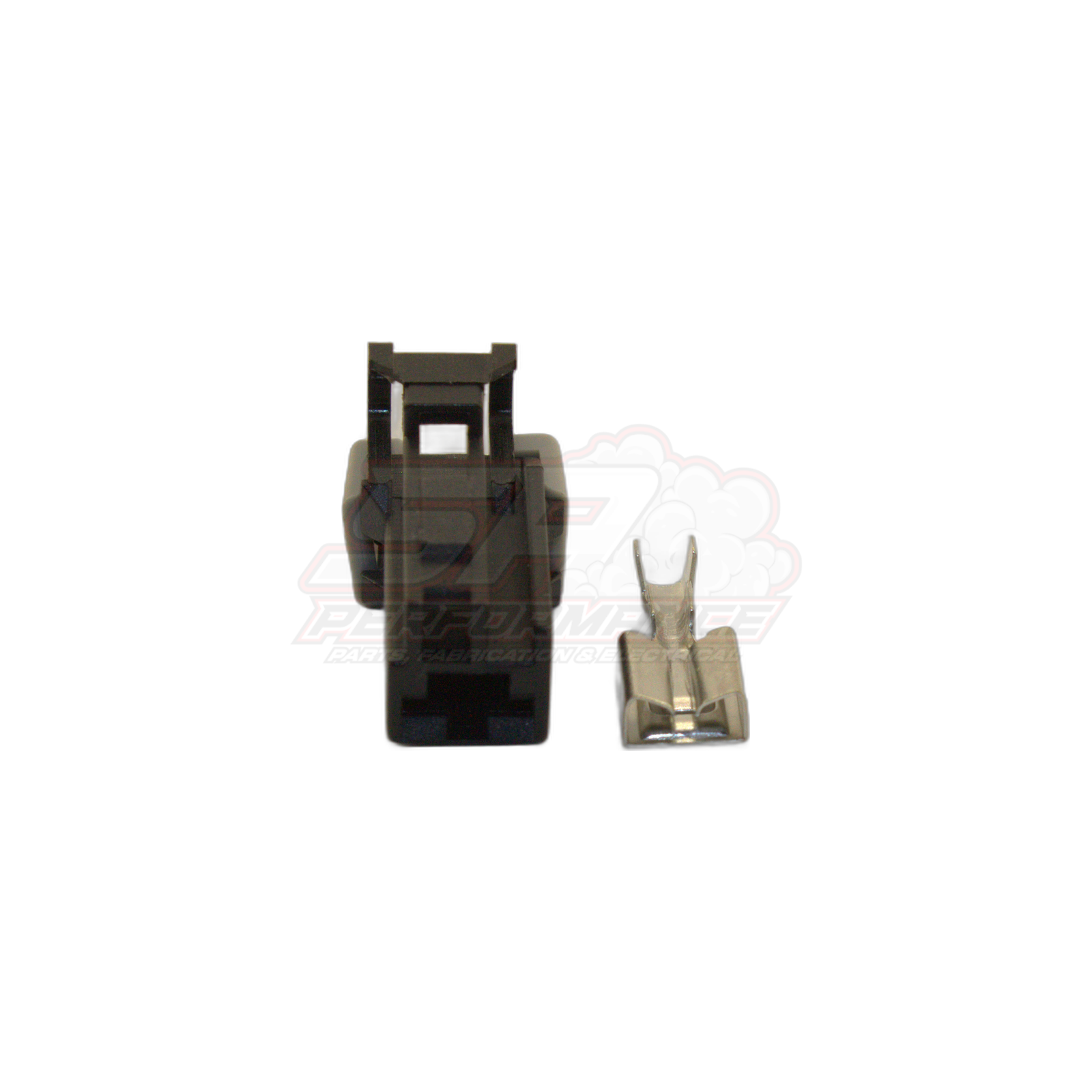 Black plastic single-pin connector housing with metal terminal separated, Nissan oil pressure switch replacement plug front view