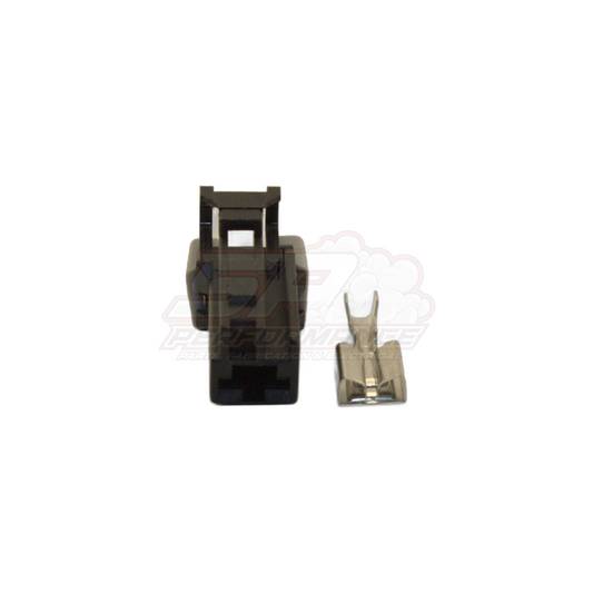 Black plastic single-pin connector housing with metal terminal separated, Nissan oil pressure switch replacement plug front view