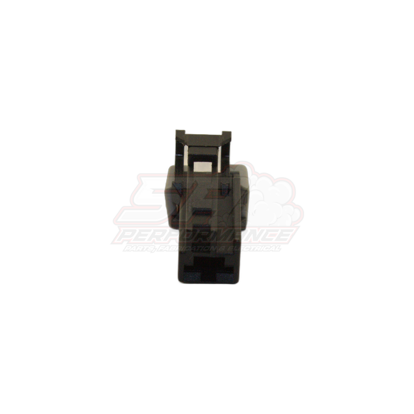 Front view of black 1-pin Nissan oil pressure switch connector housing with terminal clip visible