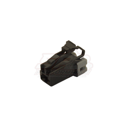 Angled view of black 1 pin Nissan oil pressure switch connector showing housing with wire clip and terminal socket