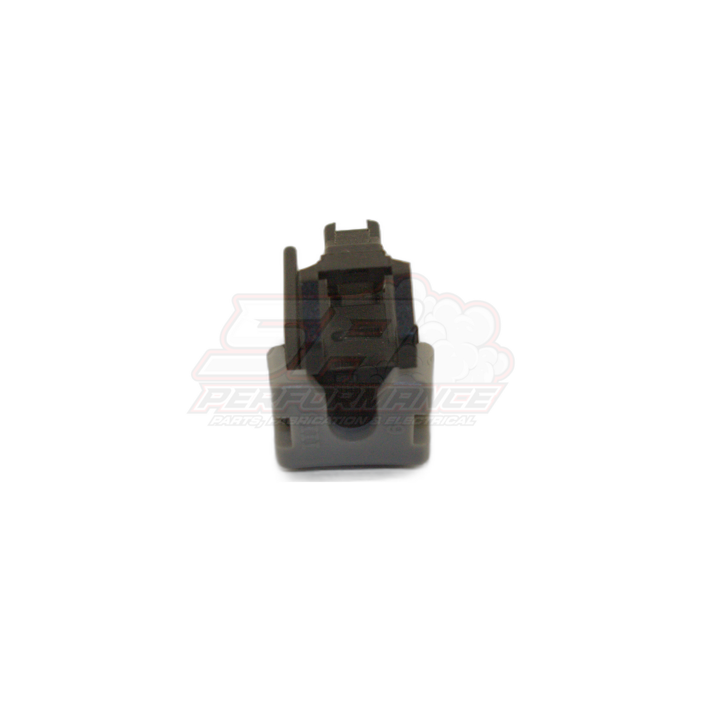 Front view of grey single pin connector housing with black terminal insert for Nissan oil pressure switch