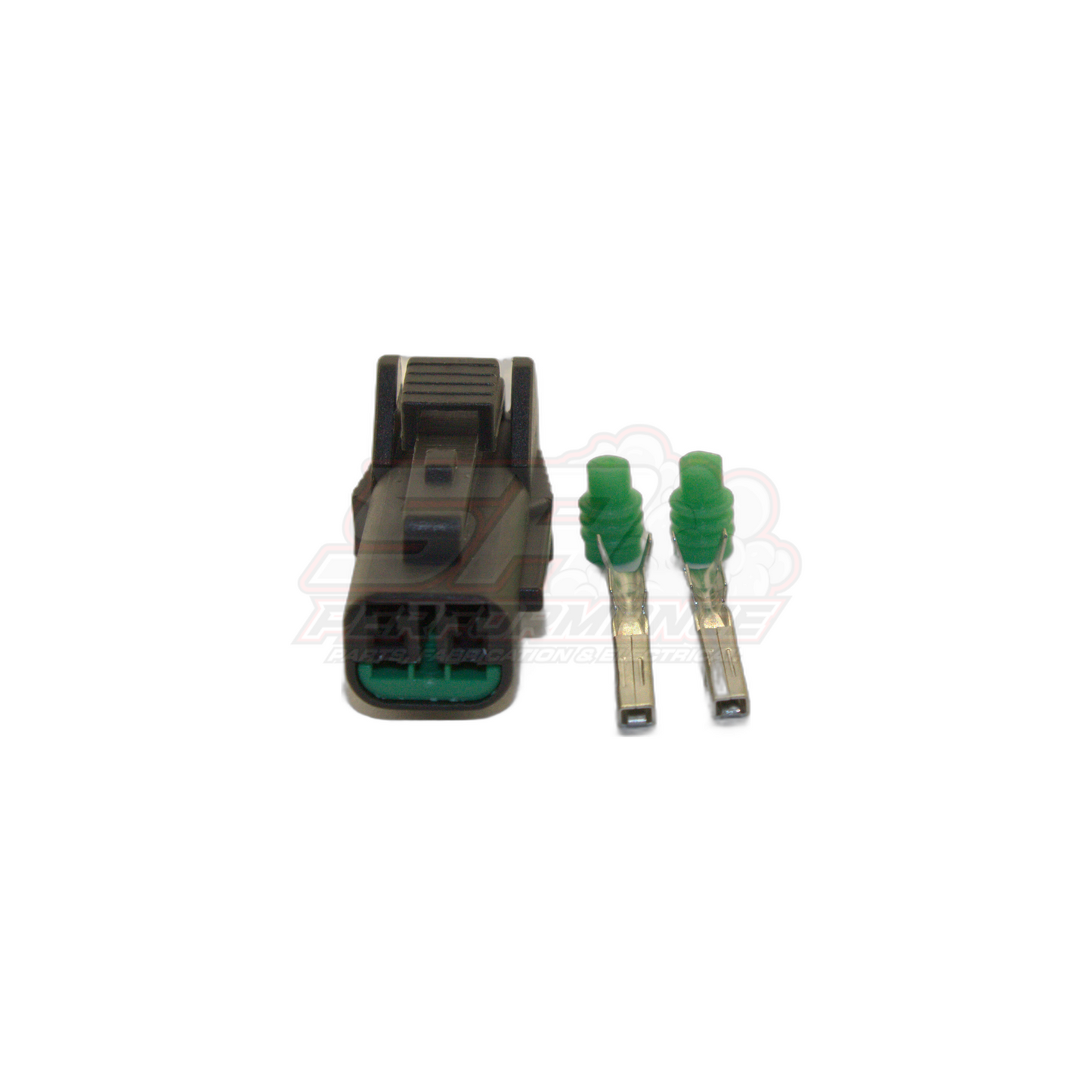 2 pin grey Nissan speed sensor connector housing with green seals and two crimp terminals displayed separately