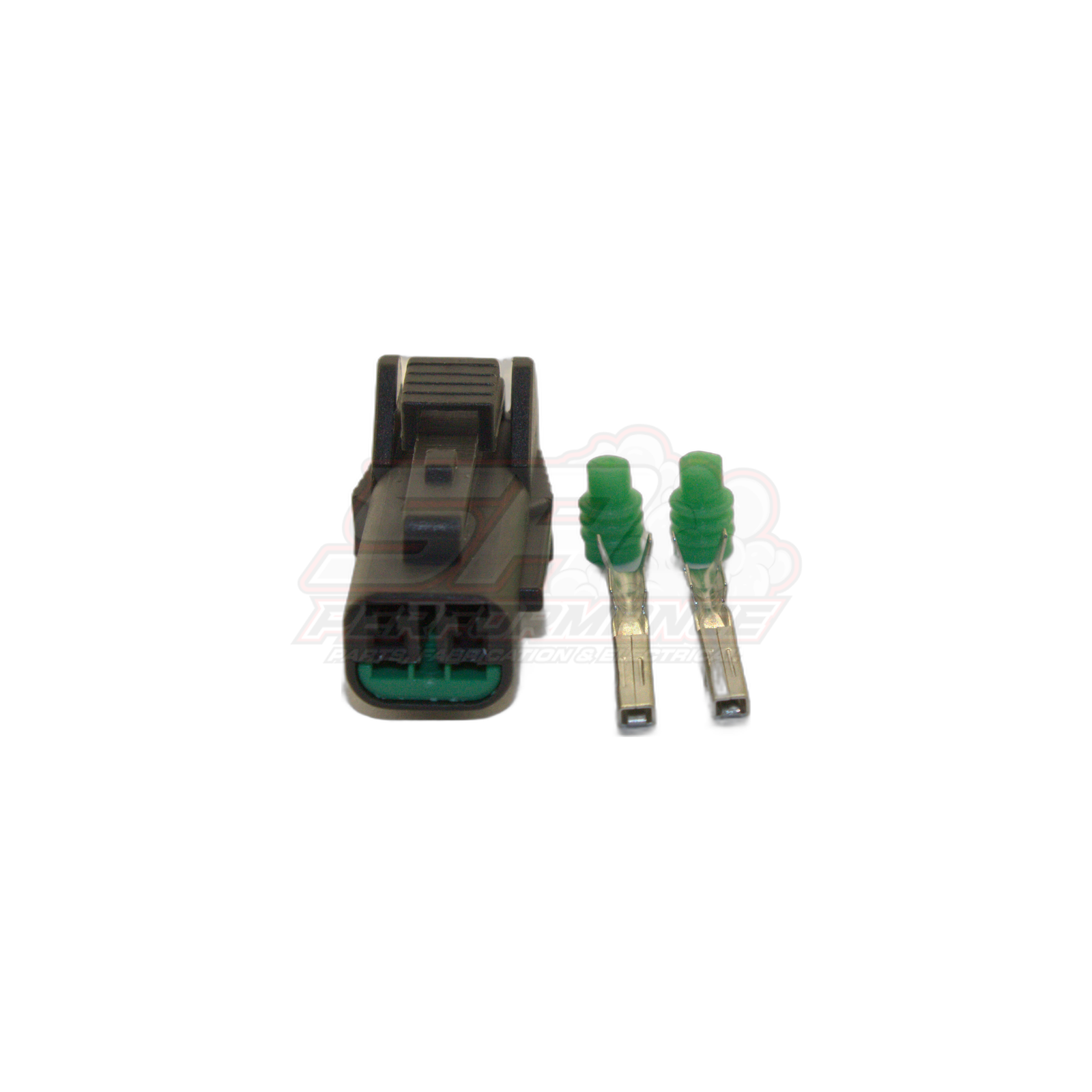 2 pin grey Nissan speed sensor connector housing with green seals and two crimp terminals displayed separately