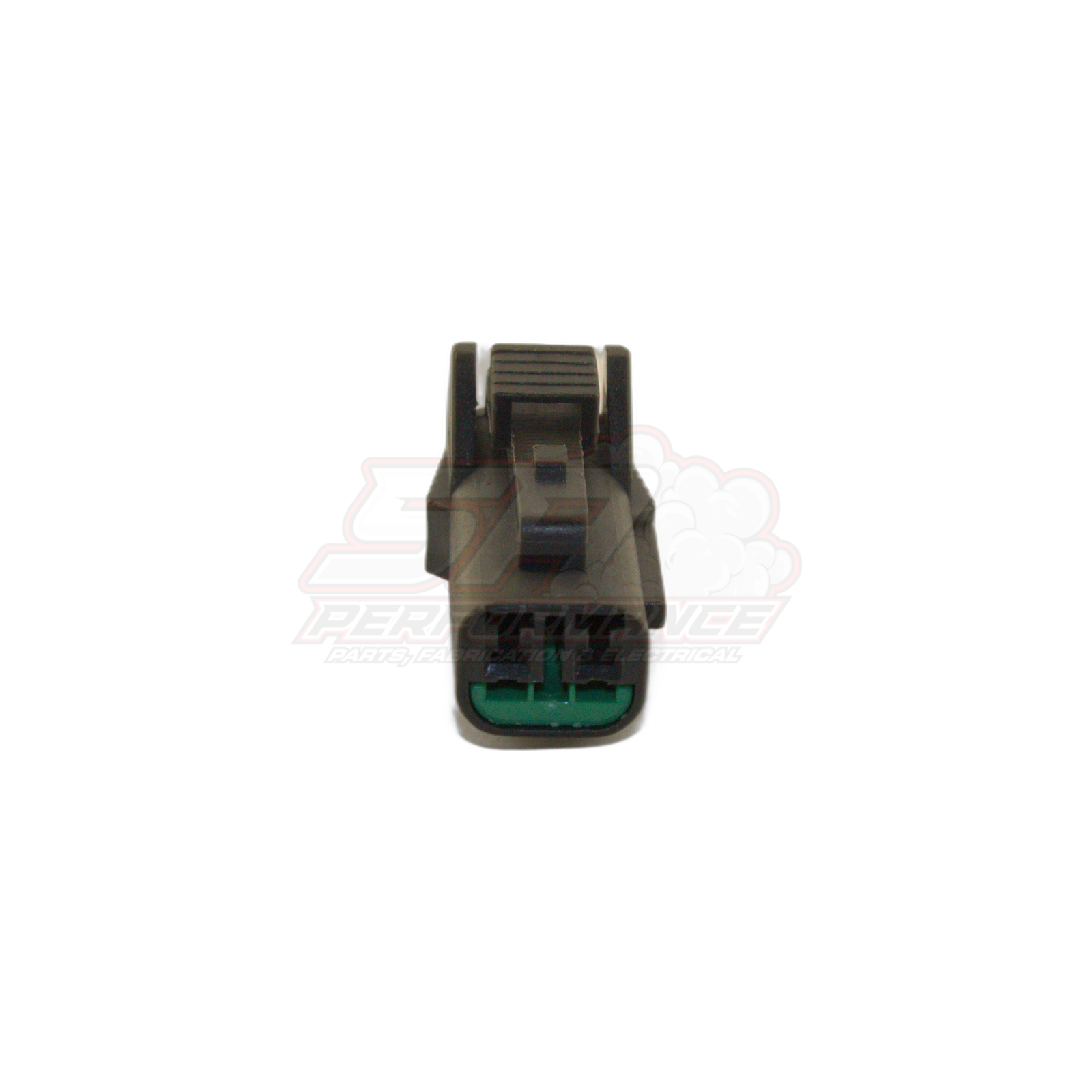 Front view of 2-pin grey Nissan vehicle speed sensor connector showing black housing with green terminal lock and ribbed latch