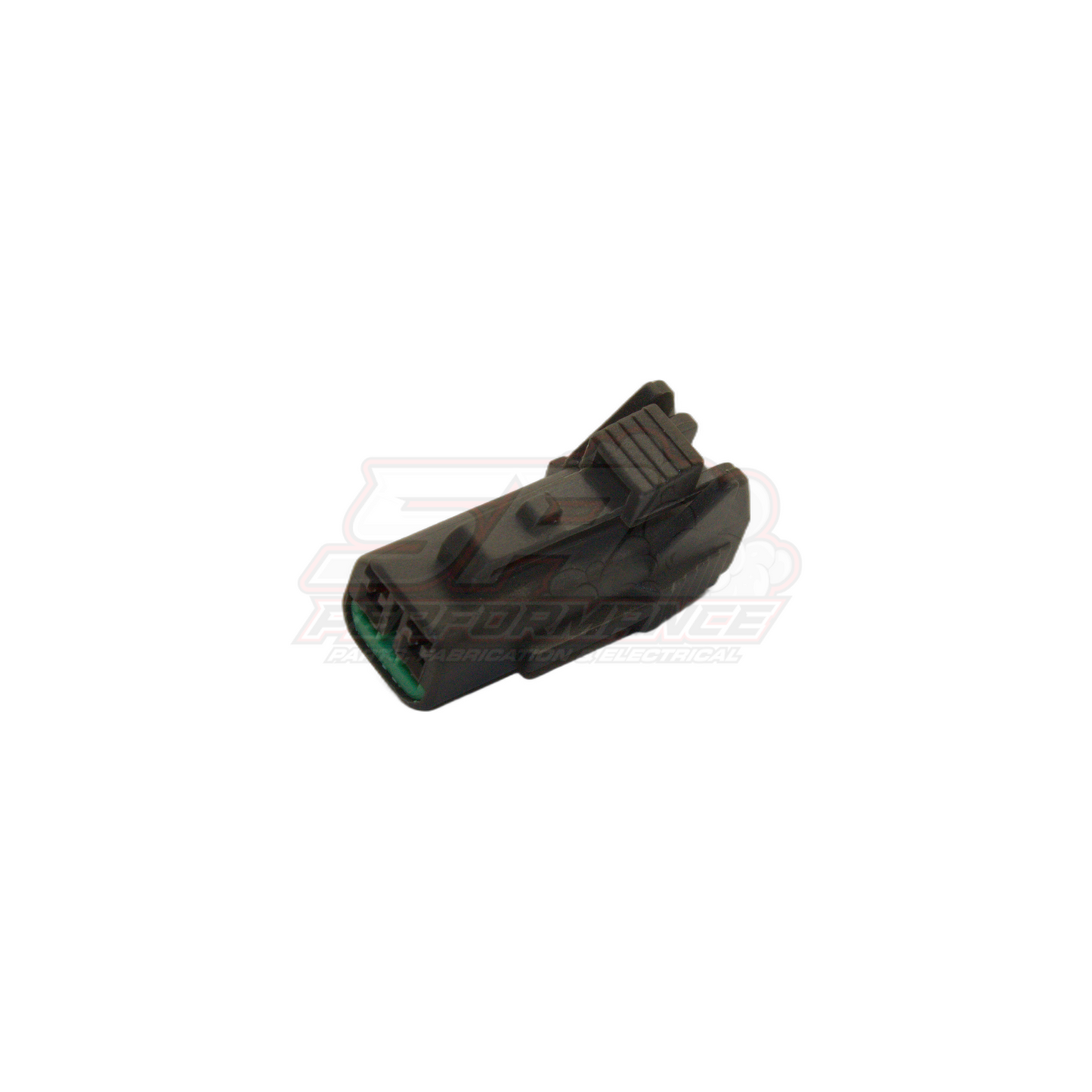 2 pin grey Nissan speed sensor connector angled view showing housing ribs and green terminal seal
