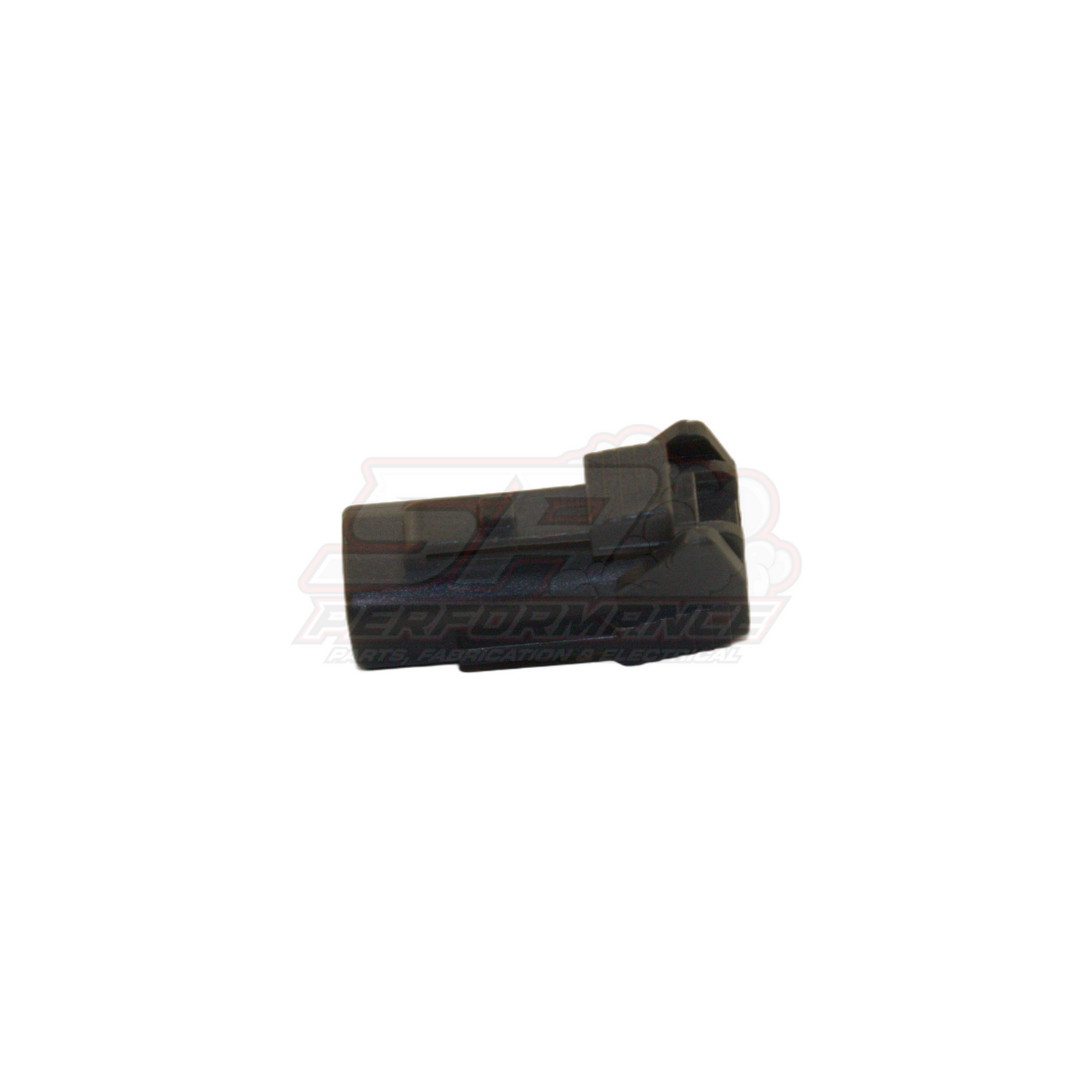 Black 2-pin grey Nissan vehicle speed sensor connector angled view showing locking tab and terminal cavities