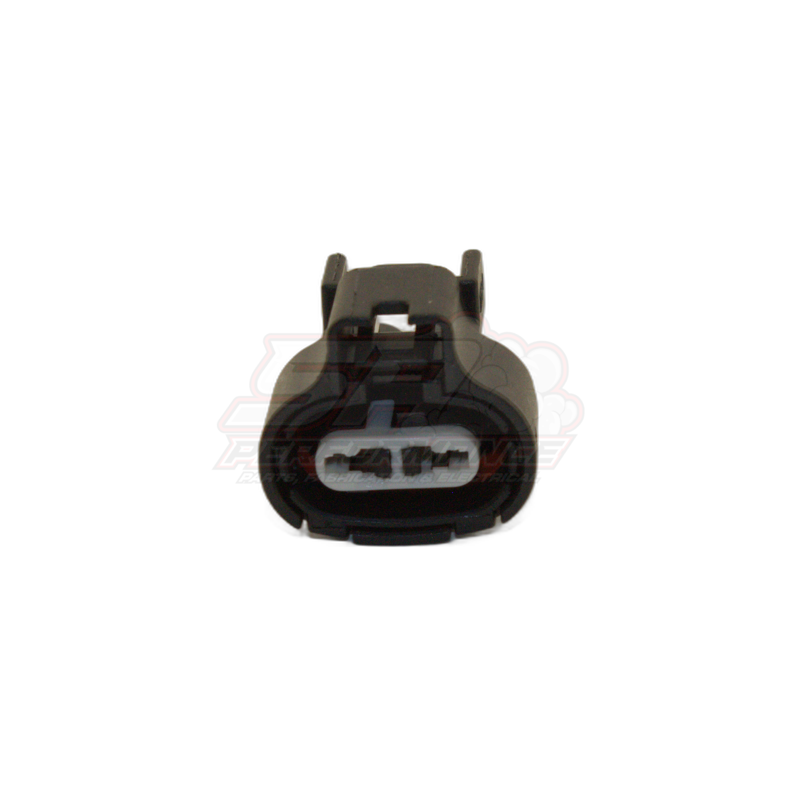 Black 2-pin Toyota Denso connector housing front view showing white terminal slots and locking tabs