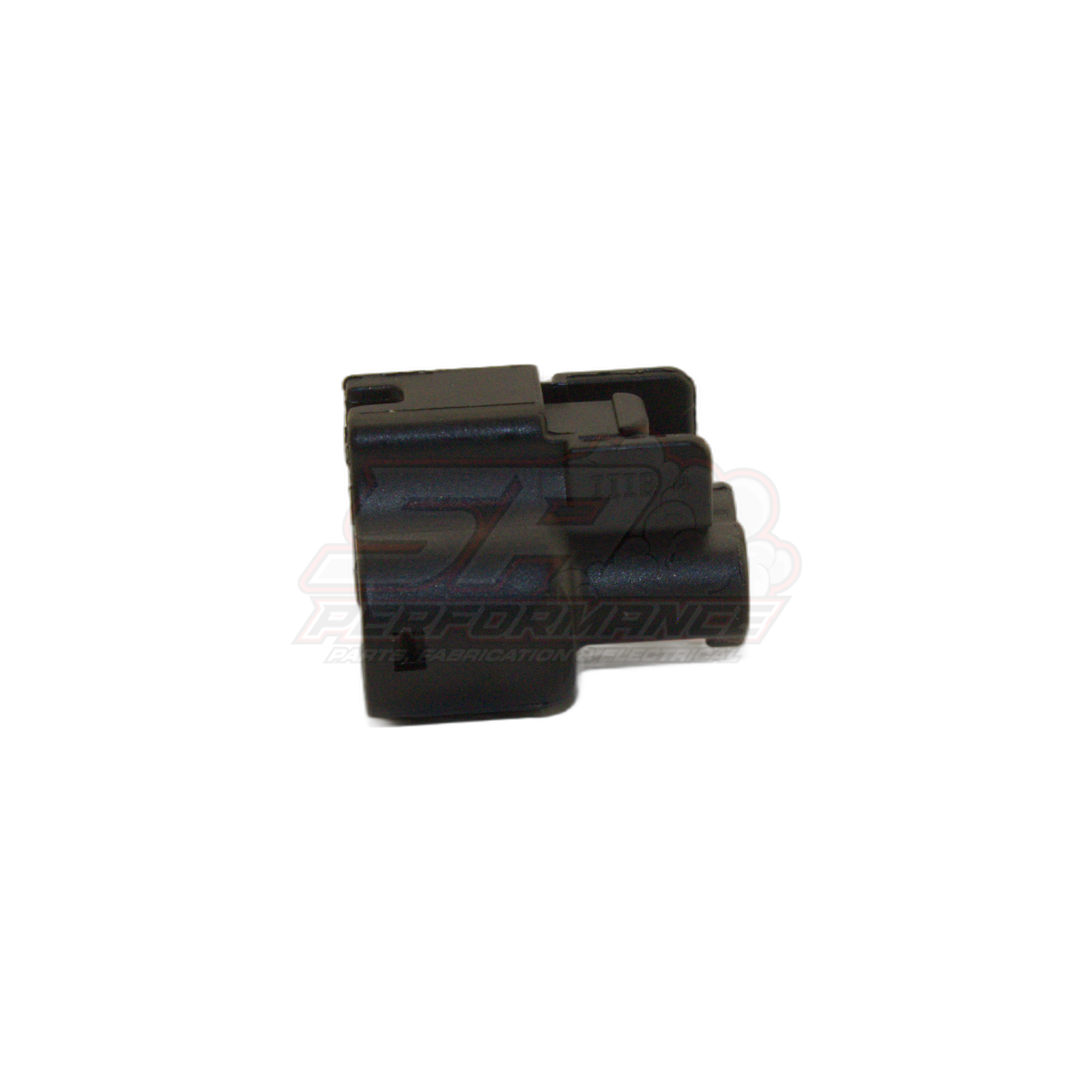 Black 2-pin Toyota Denso push-in connector housing angled view showing locking tab and terminal chamber openings