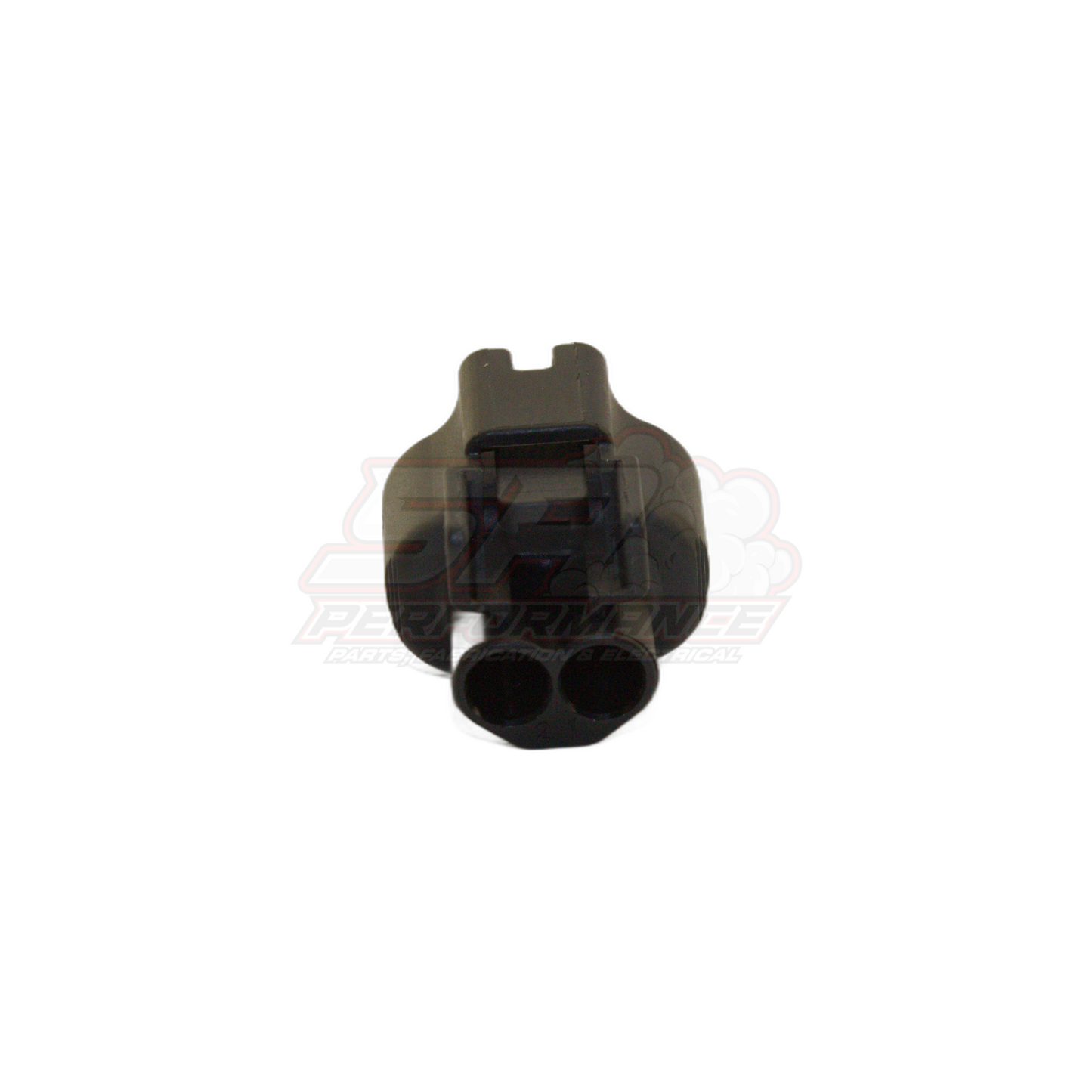 Rear view of 2-pin Toyota Denso air temp sensor connector showing grey housing with locking tab and two black wire seals