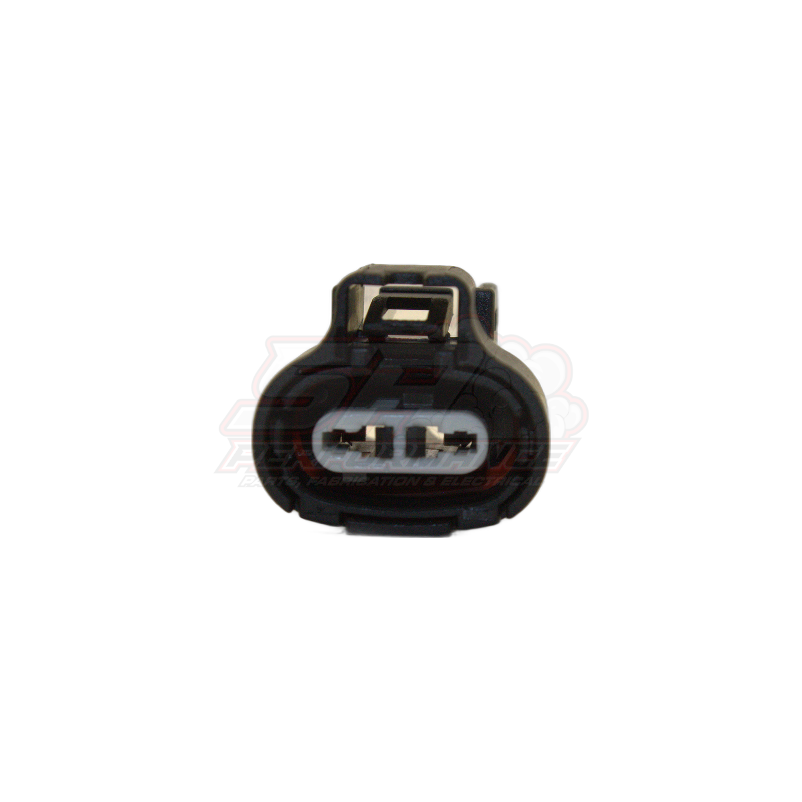 Front view of black 2-pin Toyota Denso push-in connector showing white seal and metal terminals for air temperature sensors