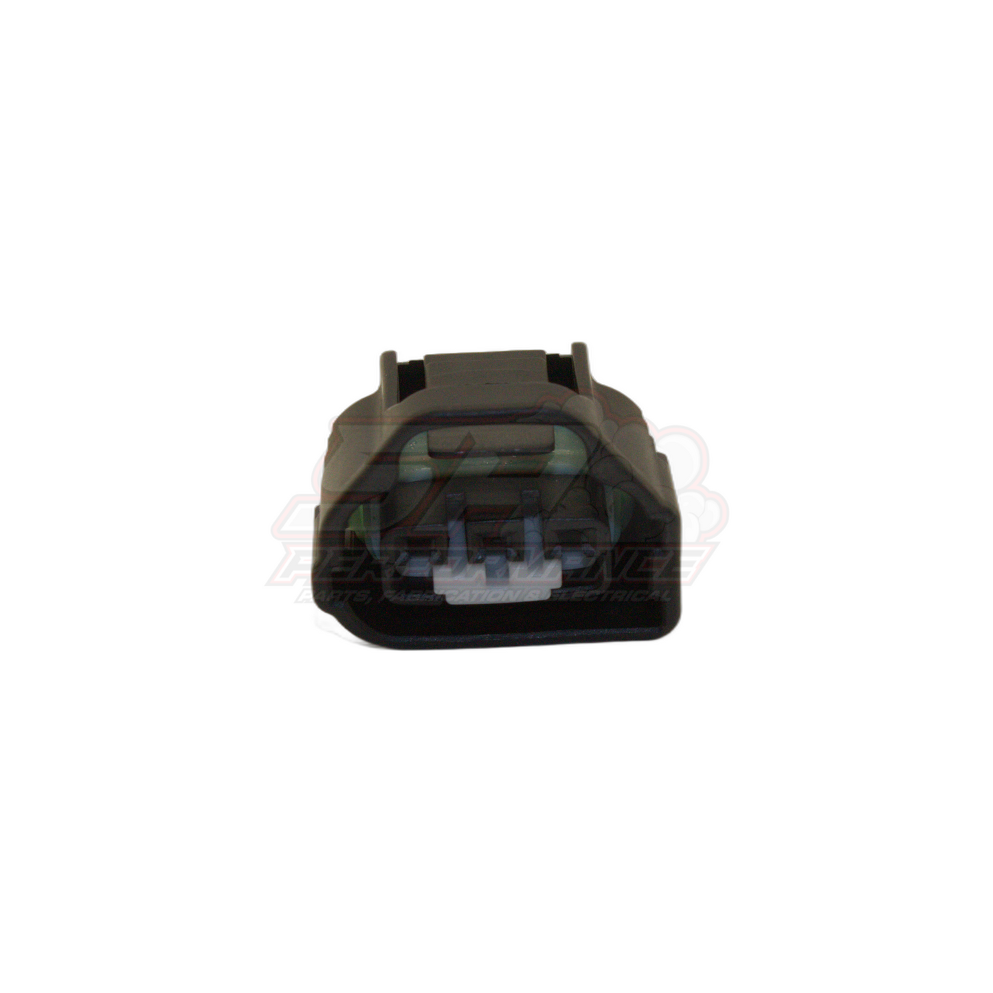Front view of grey 3-pin Toyota Mazda TPS throttle position sensor connector showing housing with metal terminals and locking tab