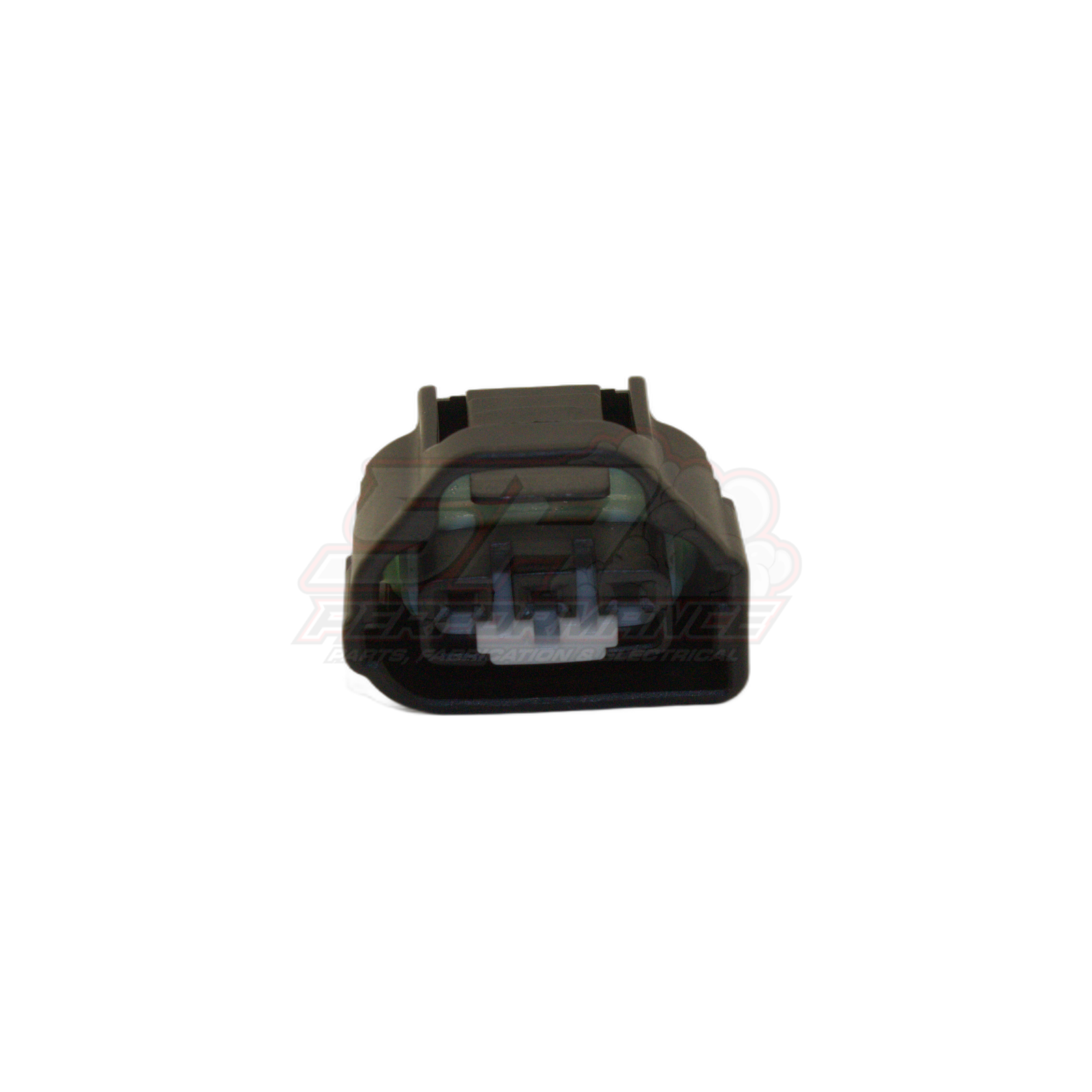 Front view of grey 3-pin Toyota Mazda TPS throttle position sensor connector showing housing with metal terminals and locking tab
