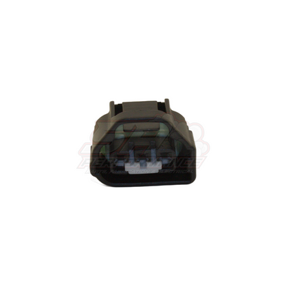 Front view of grey 3-pin Toyota Mazda TPS throttle position sensor connector showing housing with metal terminals and locking tab